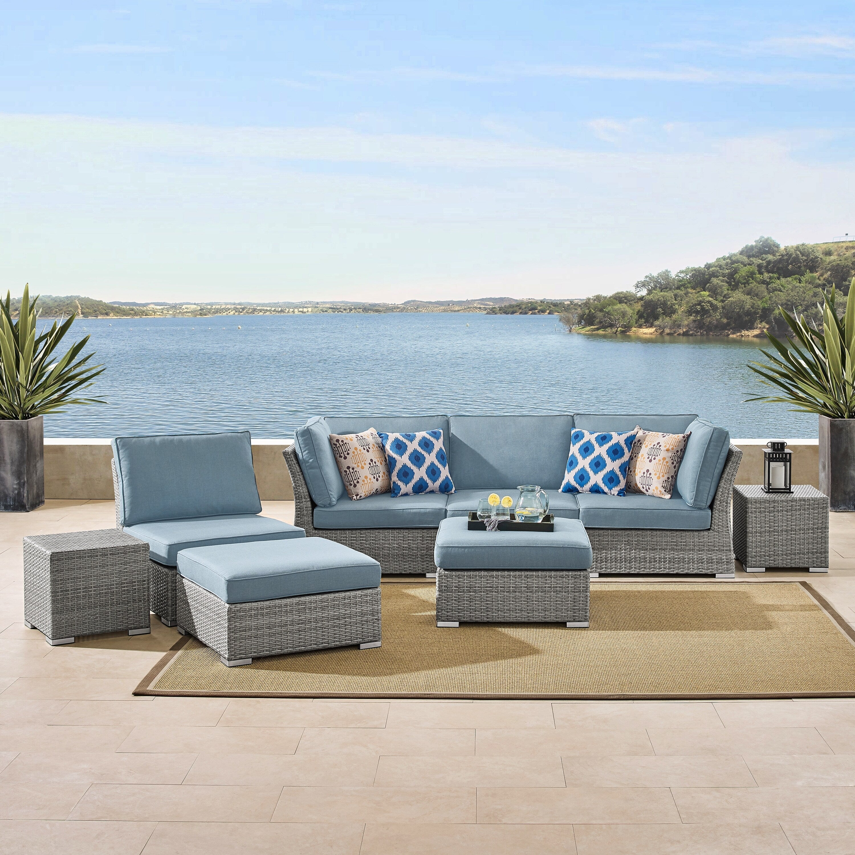 Ensemble de conversation sectionnel de patio en osier et aluminium Corvus 8 pièces