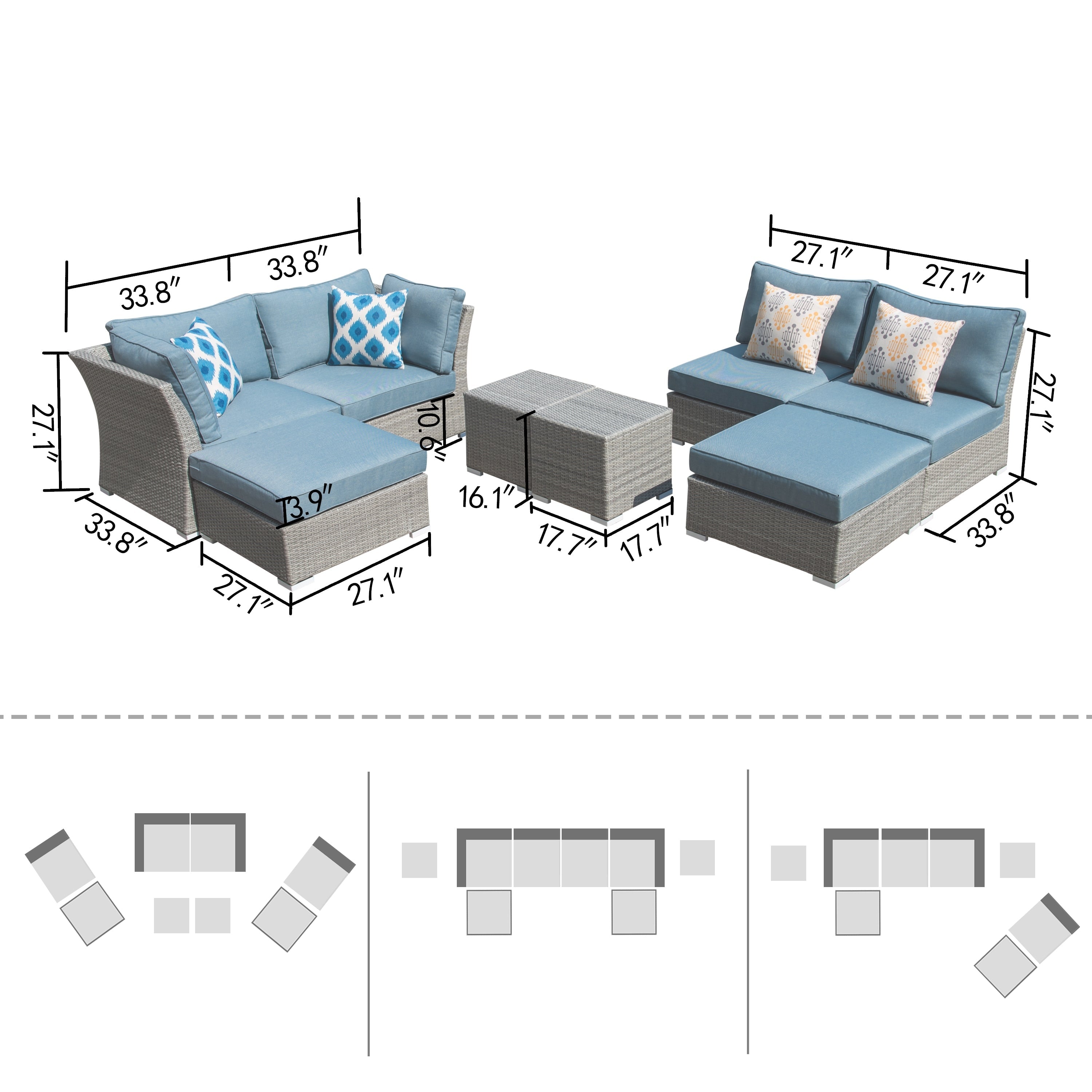 Ensemble de conversation sectionnel de patio en osier et aluminium Corvus 8 pièces