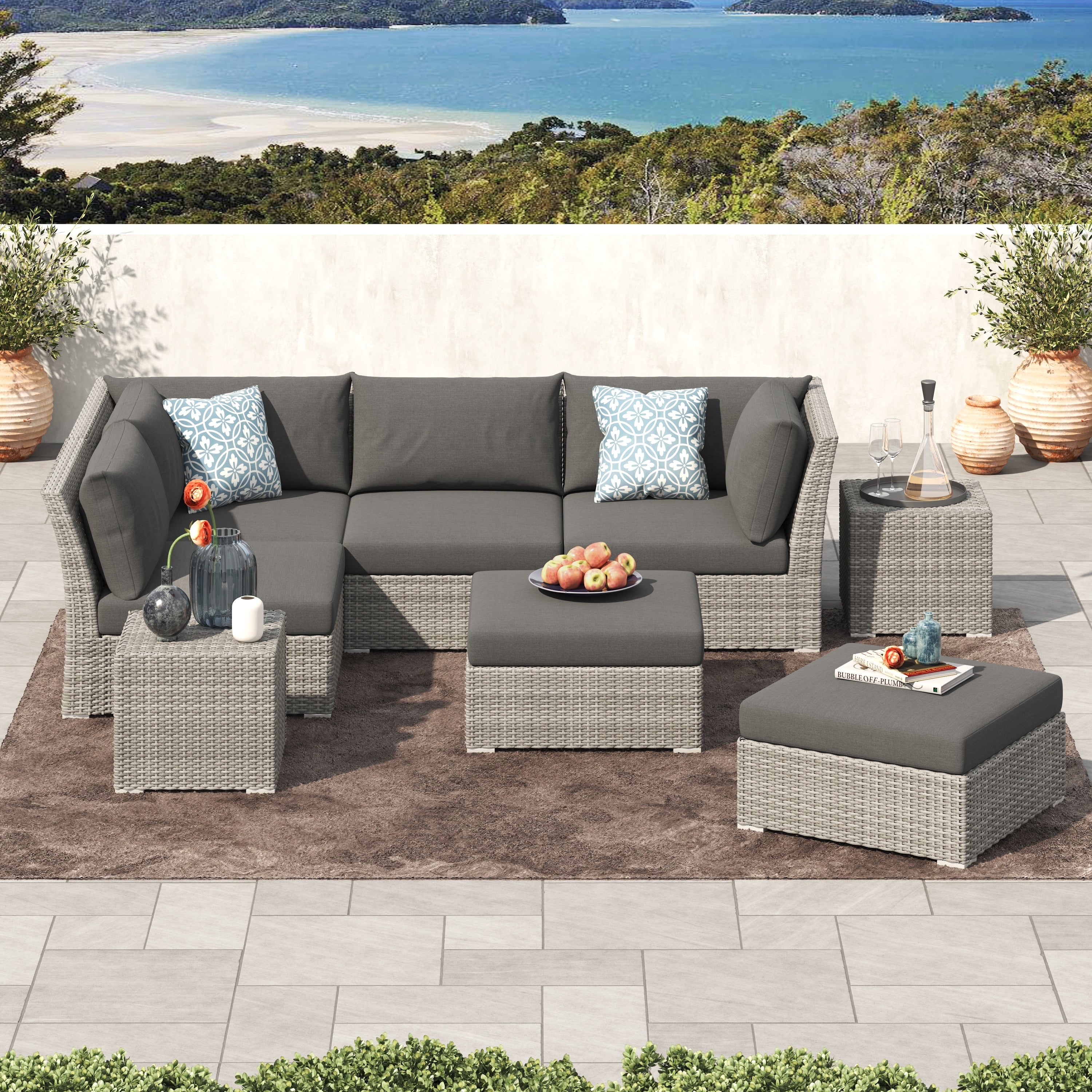 Ensemble de conversation sectionnel de patio en osier et aluminium Corvus 8 pièces