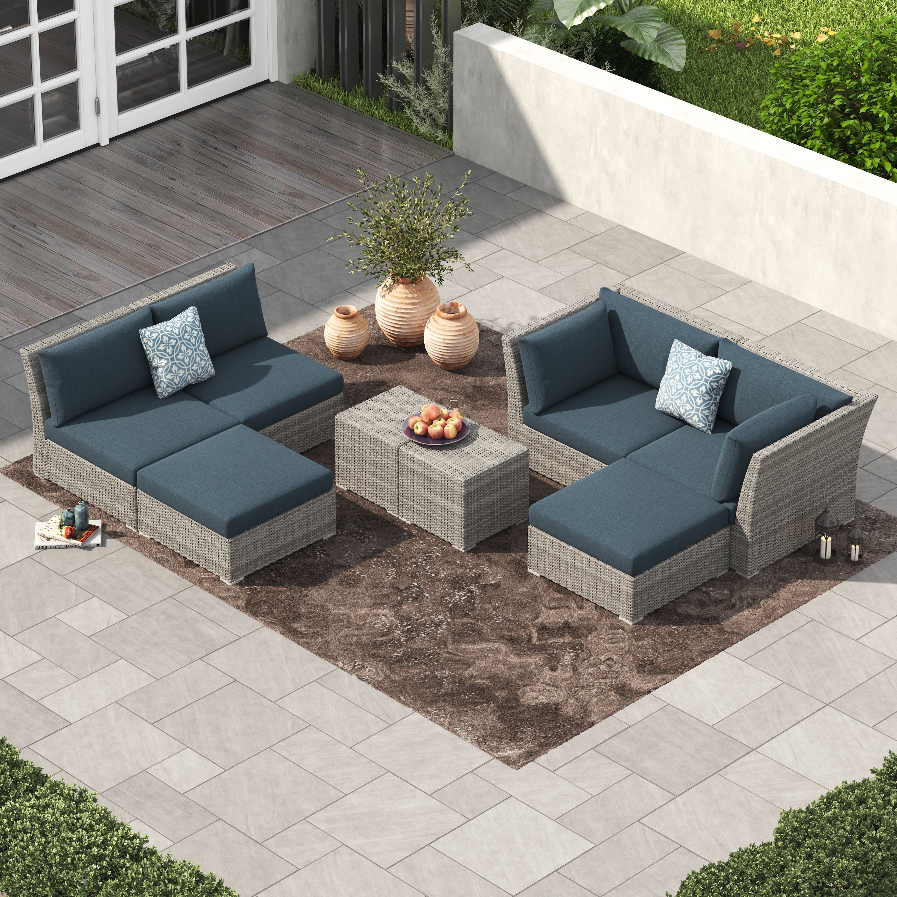 Ensemble de conversation sectionnel de patio en osier et aluminium Corvus 8 pièces