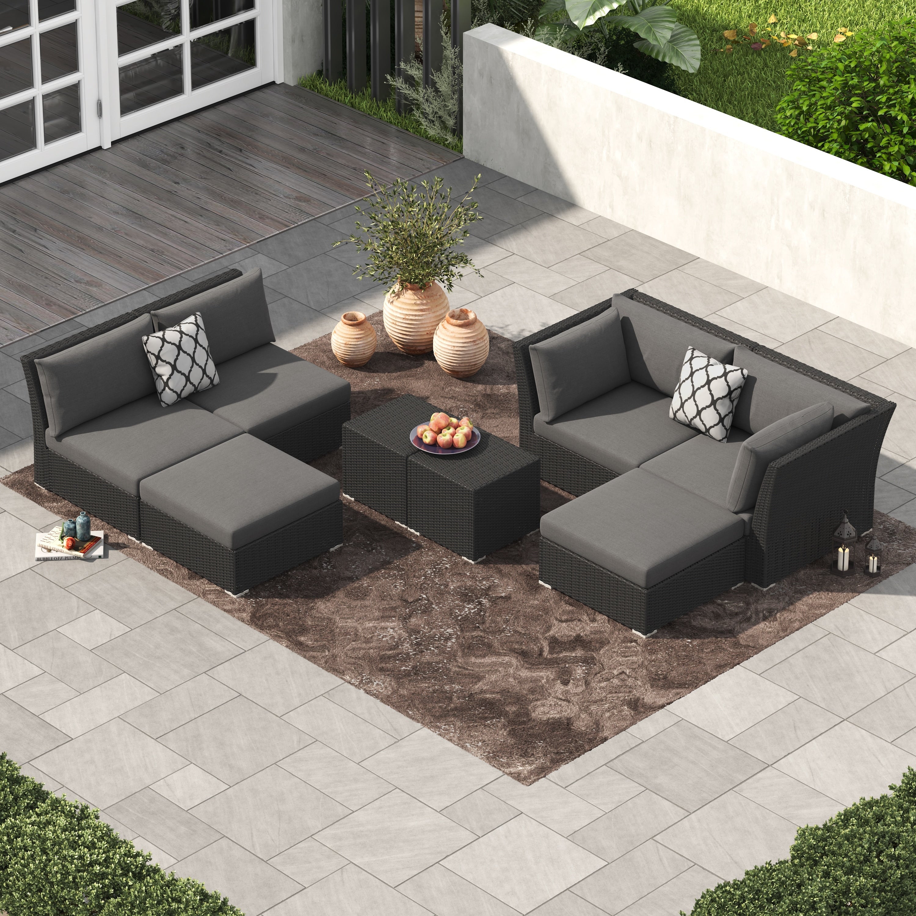 Ensemble de conversation sectionnel de patio en osier et aluminium Corvus 8 pièces