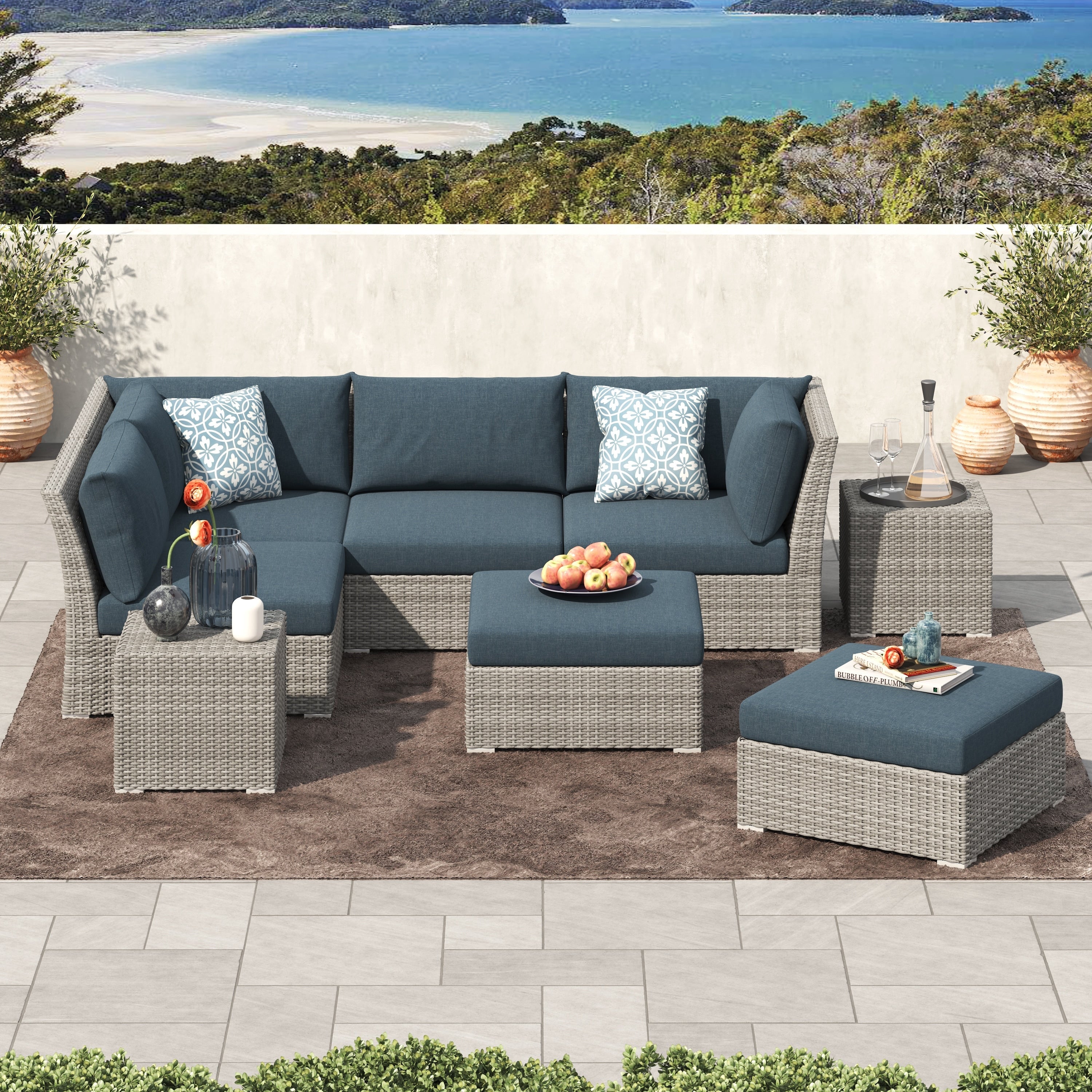 Ensemble de conversation sectionnel de patio en osier et aluminium Corvus 8 pièces