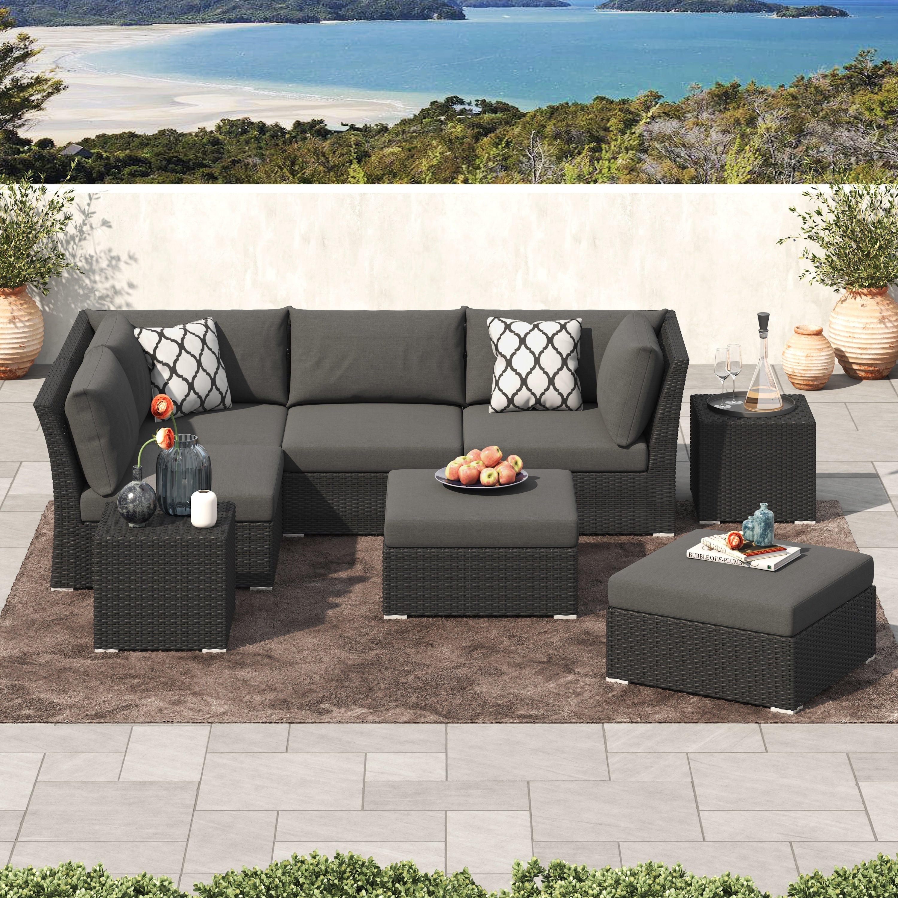 Ensemble de conversation sectionnel de patio en osier et aluminium Corvus 8 pièces