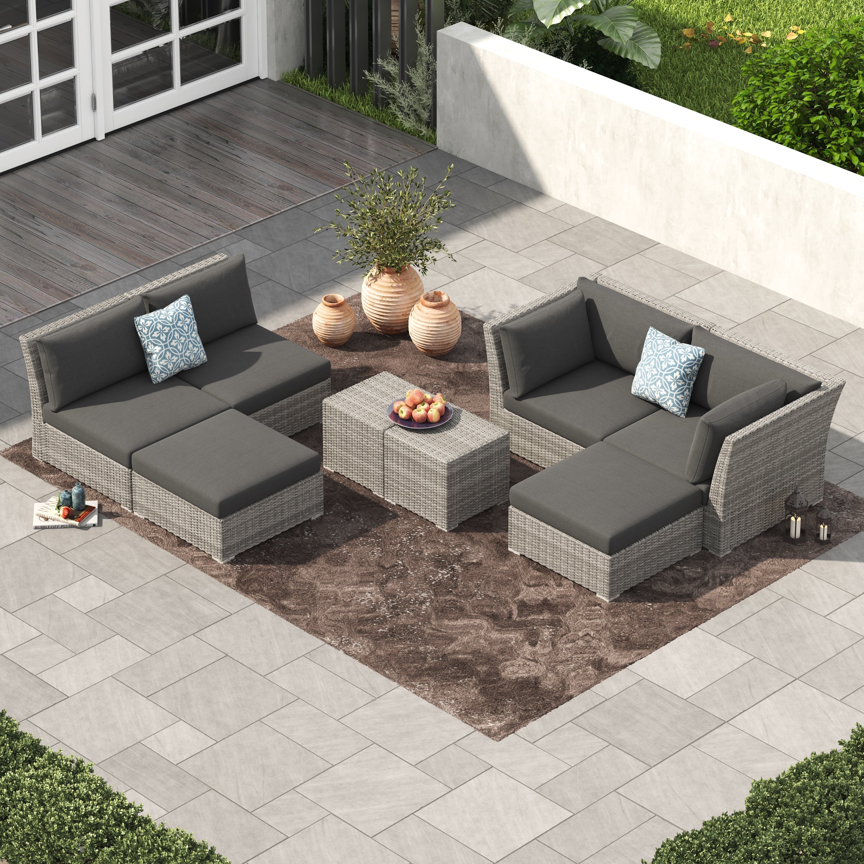 Ensemble de conversation sectionnel de patio en osier et aluminium Corvus 8 pièces