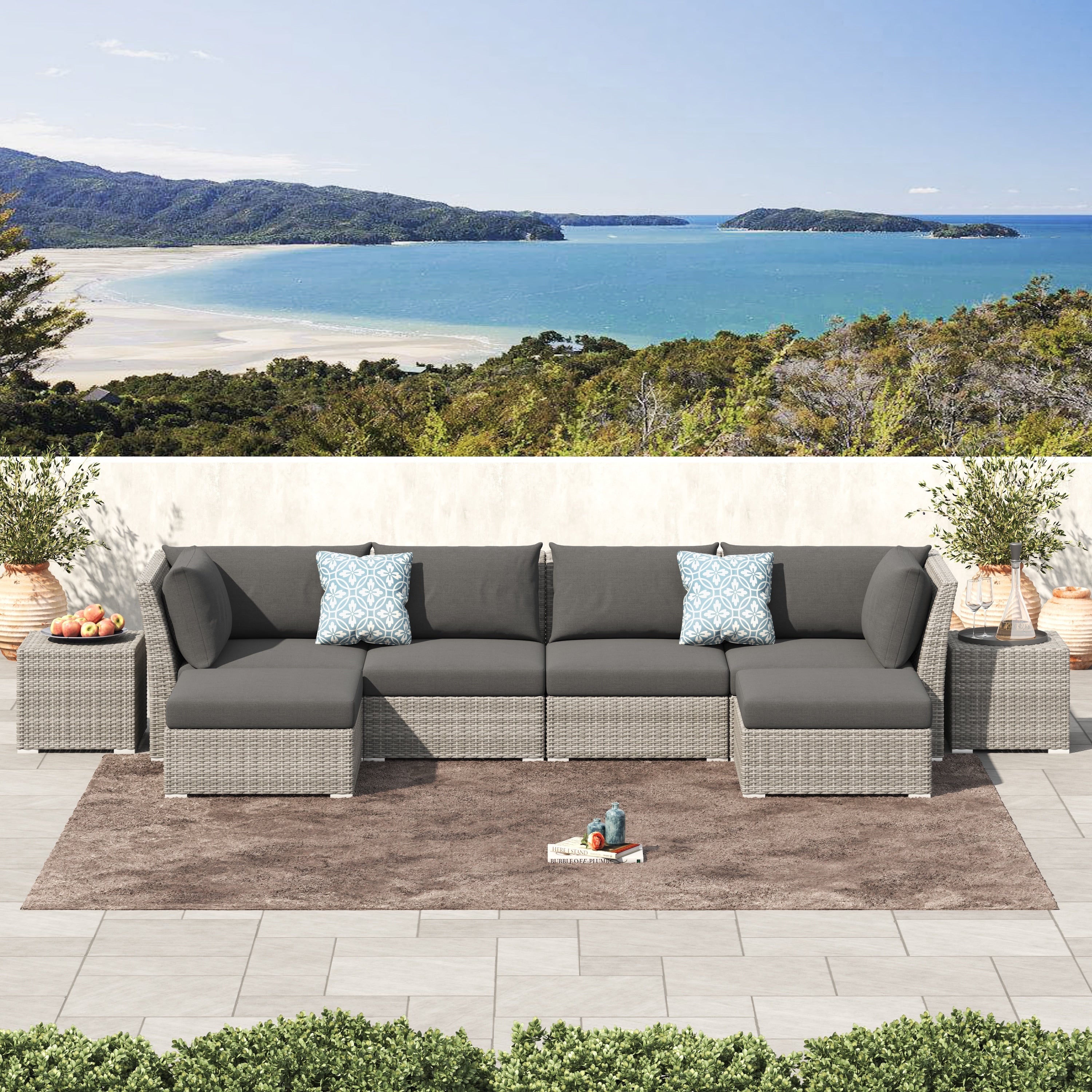 Ensemble de conversation sectionnel de patio en osier et aluminium Corvus 8 pièces