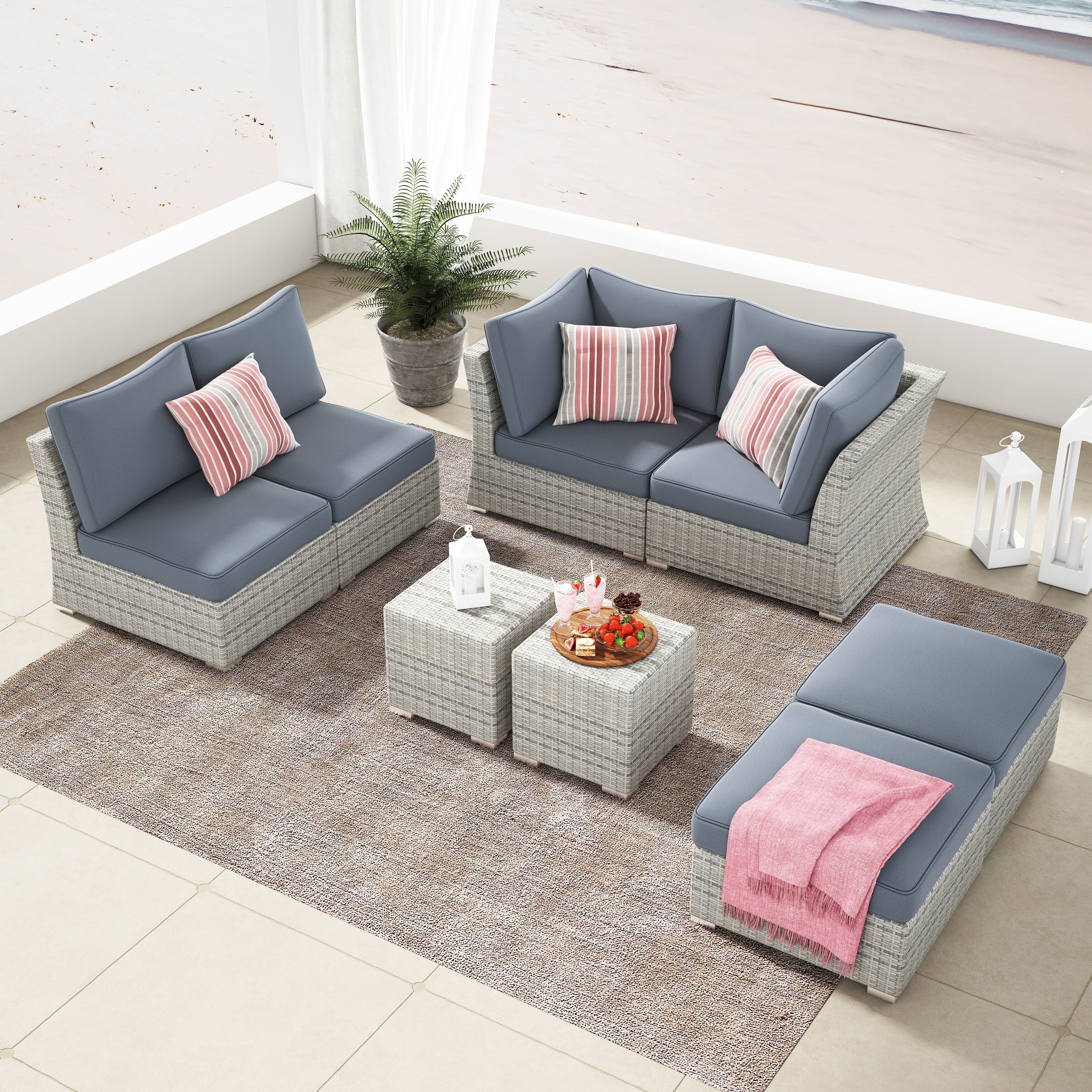 Ensemble de conversation sectionnel de patio en osier et aluminium Corvus 8 pièces