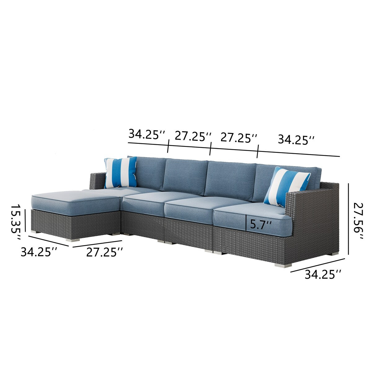 Ensemble de conversation de patio en osier Corvus Ancud 5 pièces avec coussin et oreillers Sunbrella
