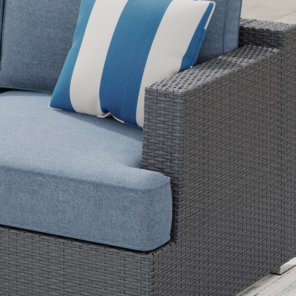 Ensemble de conversation de patio en osier Corvus Ancud 5 pièces avec coussin et oreillers Sunbrella