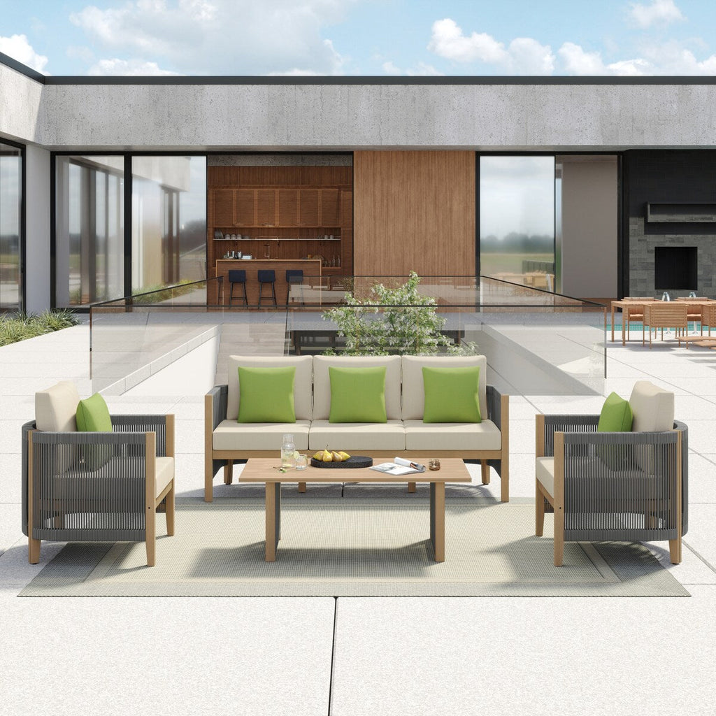 Ensemble de canapés de patio Corvus Iona 4 pièces en bois d'eucalyptus et corde avec tissu Sunbrella