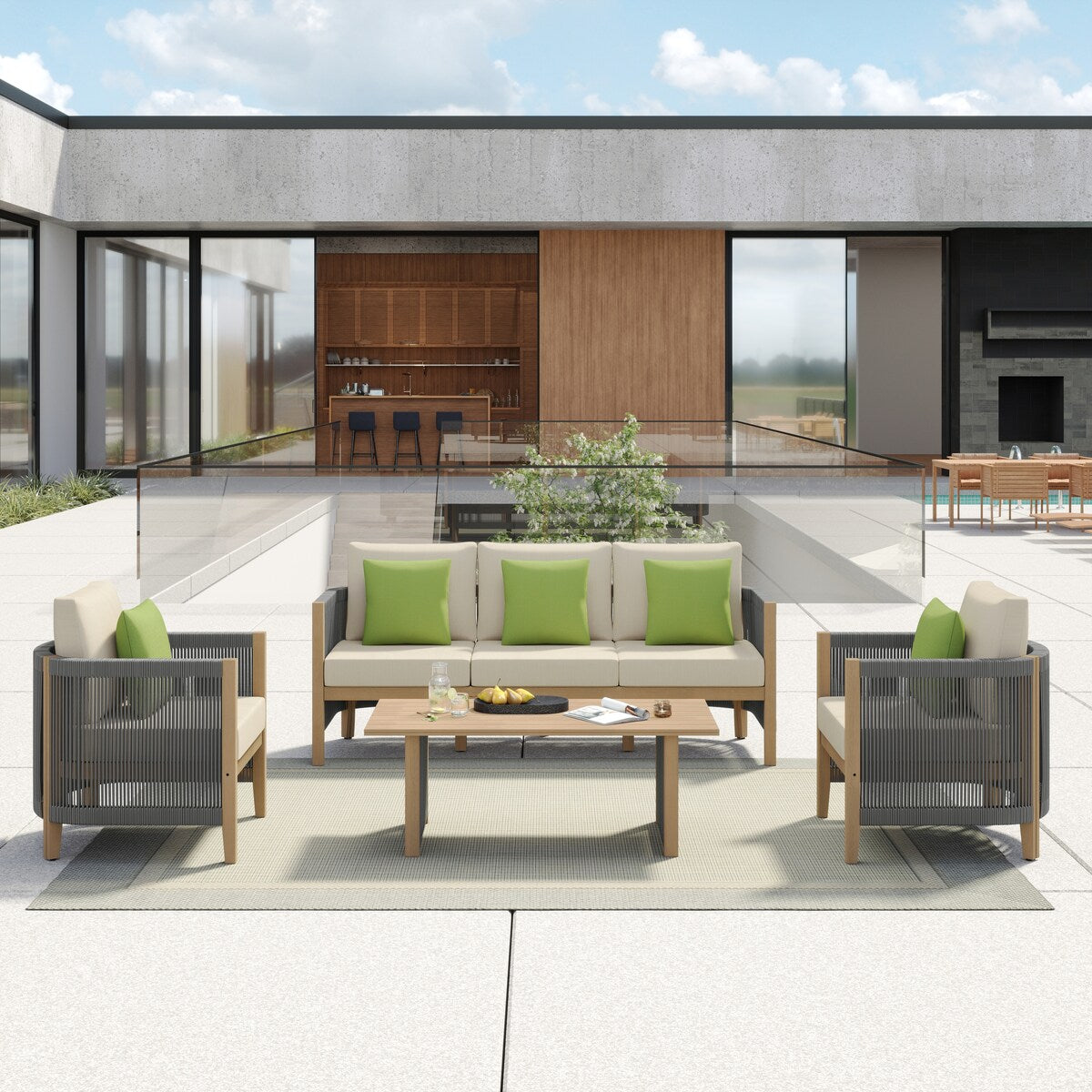 Ensemble de canapés de patio Corvus Iona 4 pièces en bois d'eucalyptus et corde avec tissu Sunbrella