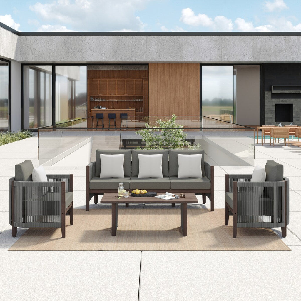 Ensemble de canapés de patio Corvus Iona 4 pièces en bois d'eucalyptus et corde avec tissu Sunbrella