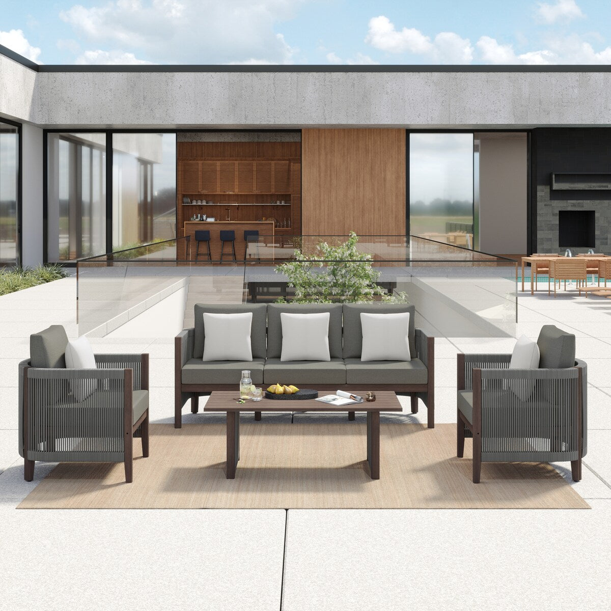 Ensemble de canapés de patio Corvus Iona 4 pièces en bois d'eucalyptus et corde avec tissu Sunbrella