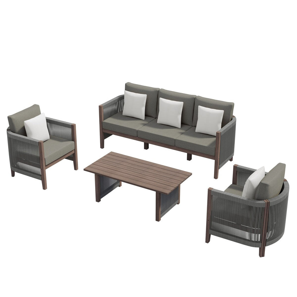 Ensemble de canapés de patio Corvus Iona 4 pièces en bois d'eucalyptus et corde avec tissu Sunbrella