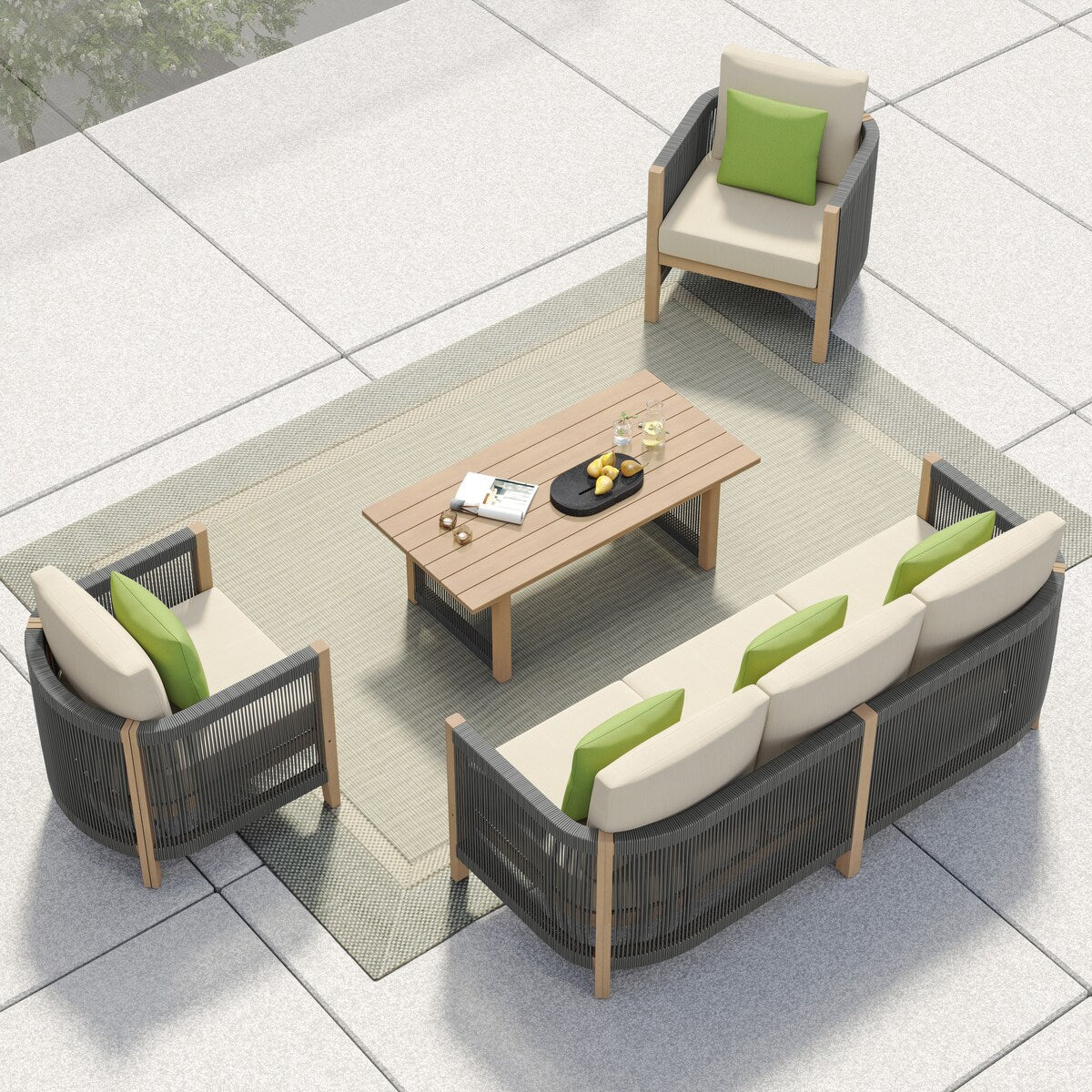 Ensemble de canapés de patio Corvus Iona 4 pièces en bois d'eucalyptus et corde avec tissu Sunbrella