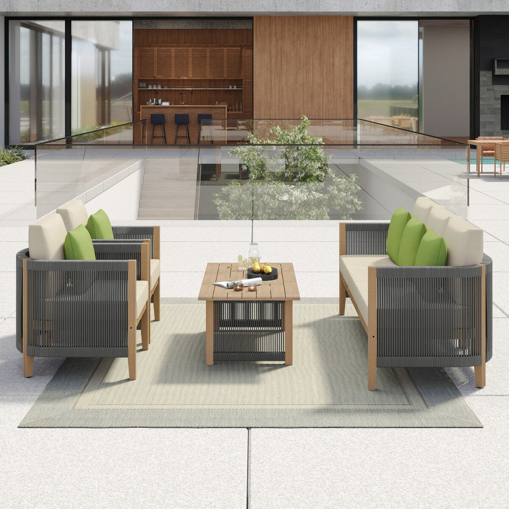 Ensemble de canapés de patio Corvus Iona 4 pièces en bois d'eucalyptus et corde avec tissu Sunbrella