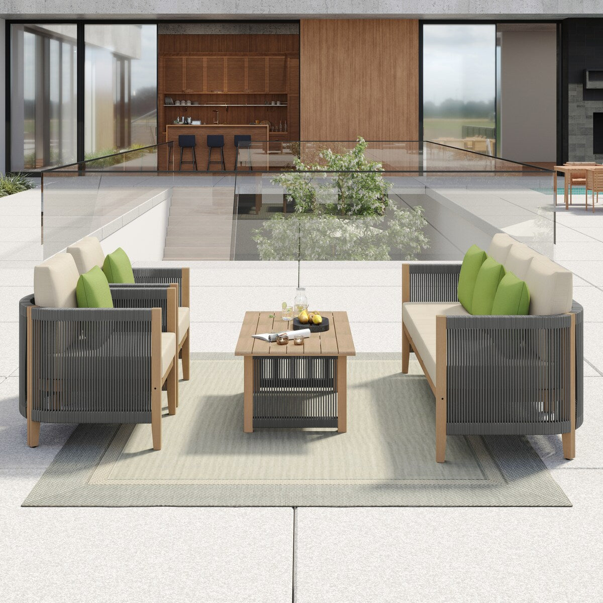 Ensemble de canapés de patio Corvus Iona 4 pièces en bois d'eucalyptus et corde avec tissu Sunbrella