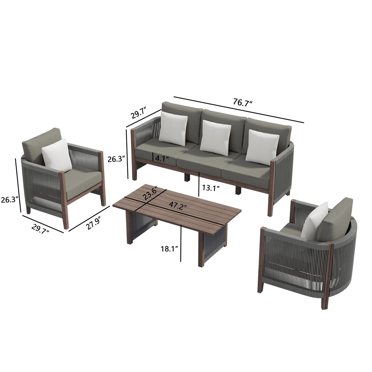 Ensemble de canapés de patio Corvus Iona 4 pièces en bois d'eucalyptus et corde avec tissu Sunbrella