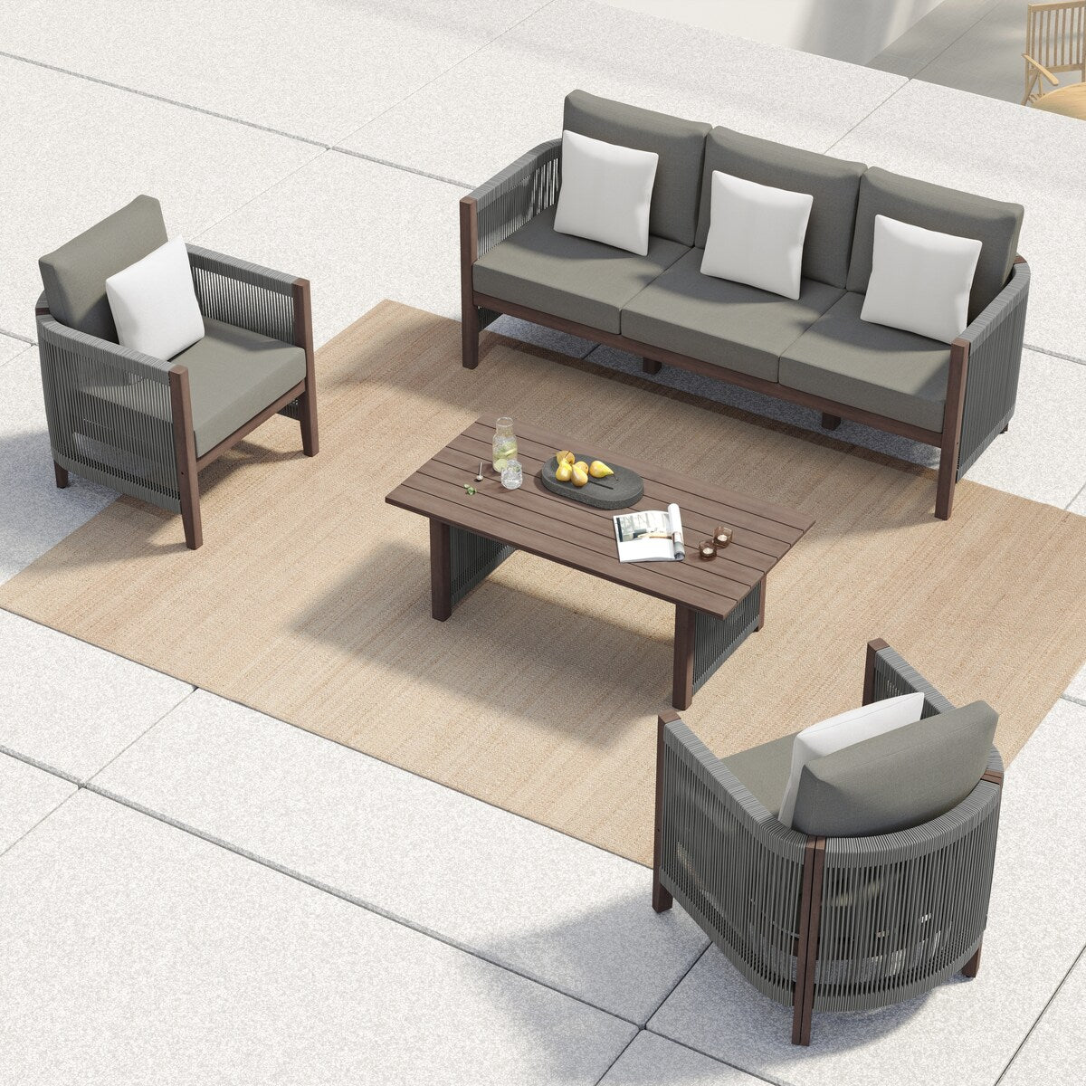 Ensemble de canapés de patio Corvus Iona 4 pièces en bois d'eucalyptus et corde avec tissu Sunbrella