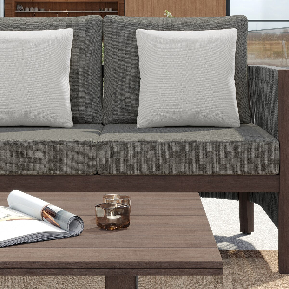 Ensemble de canapés de patio Corvus Iona 4 pièces en bois d'eucalyptus et corde avec tissu Sunbrella