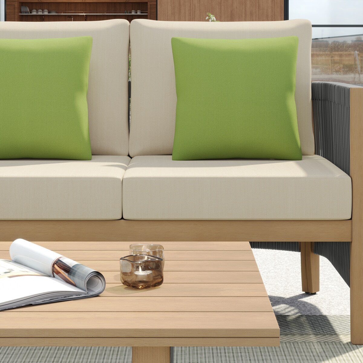 Ensemble de canapés de patio Corvus Iona 4 pièces en bois d'eucalyptus et corde avec tissu Sunbrella