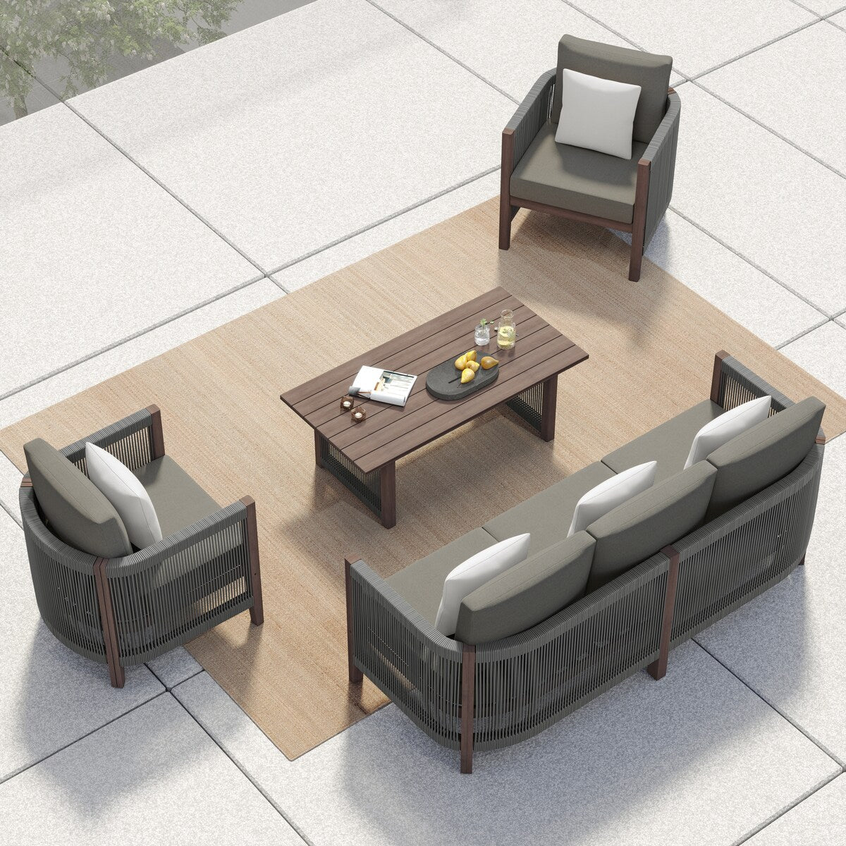 Ensemble de canapés de patio Corvus Iona 4 pièces en bois d'eucalyptus et corde avec tissu Sunbrella