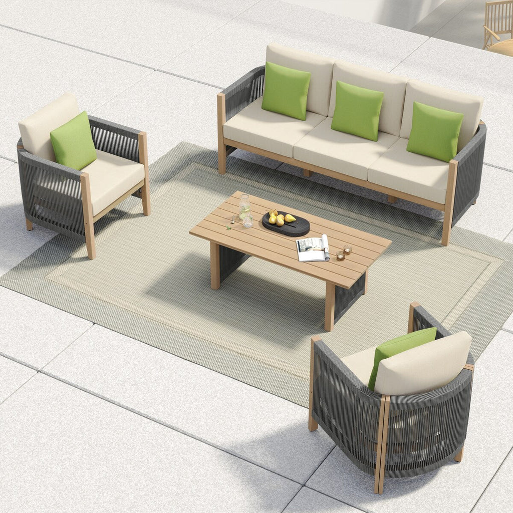 Ensemble de canapés de patio Corvus Iona 4 pièces en bois d'eucalyptus et corde avec tissu Sunbrella