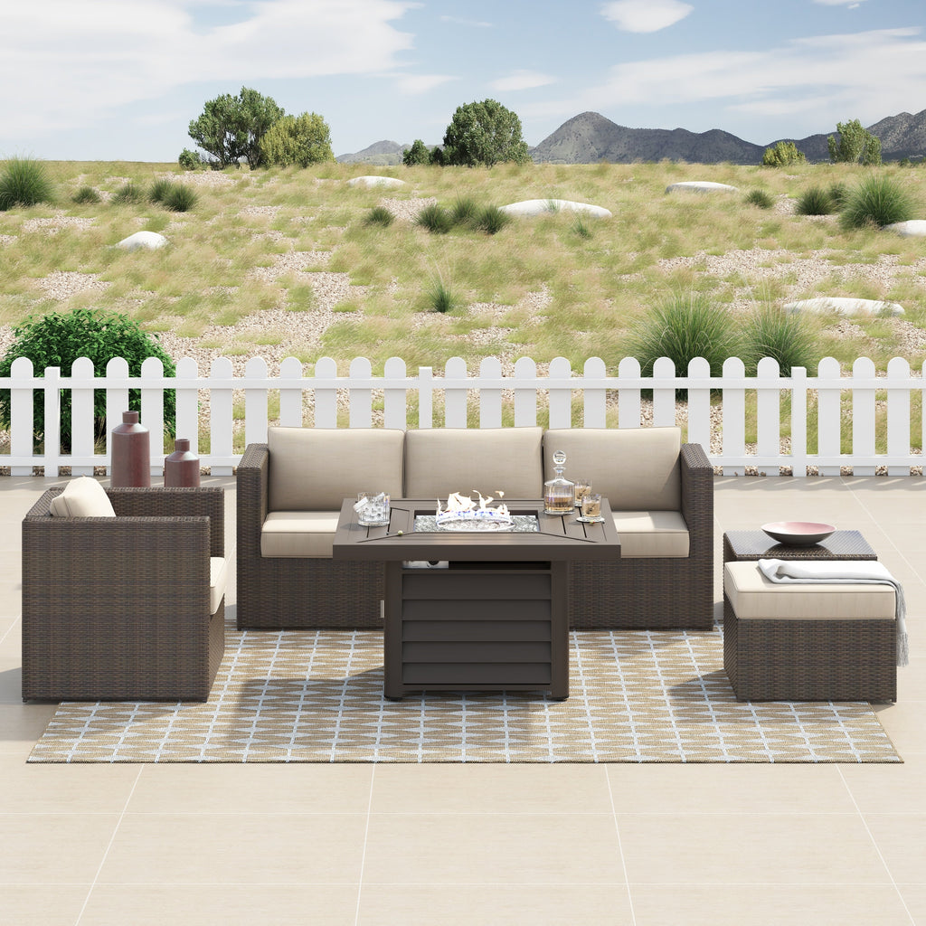 Ensemble de foyer sectionnel de conversation Corvus Kipling en résine tressée, 7 pièces