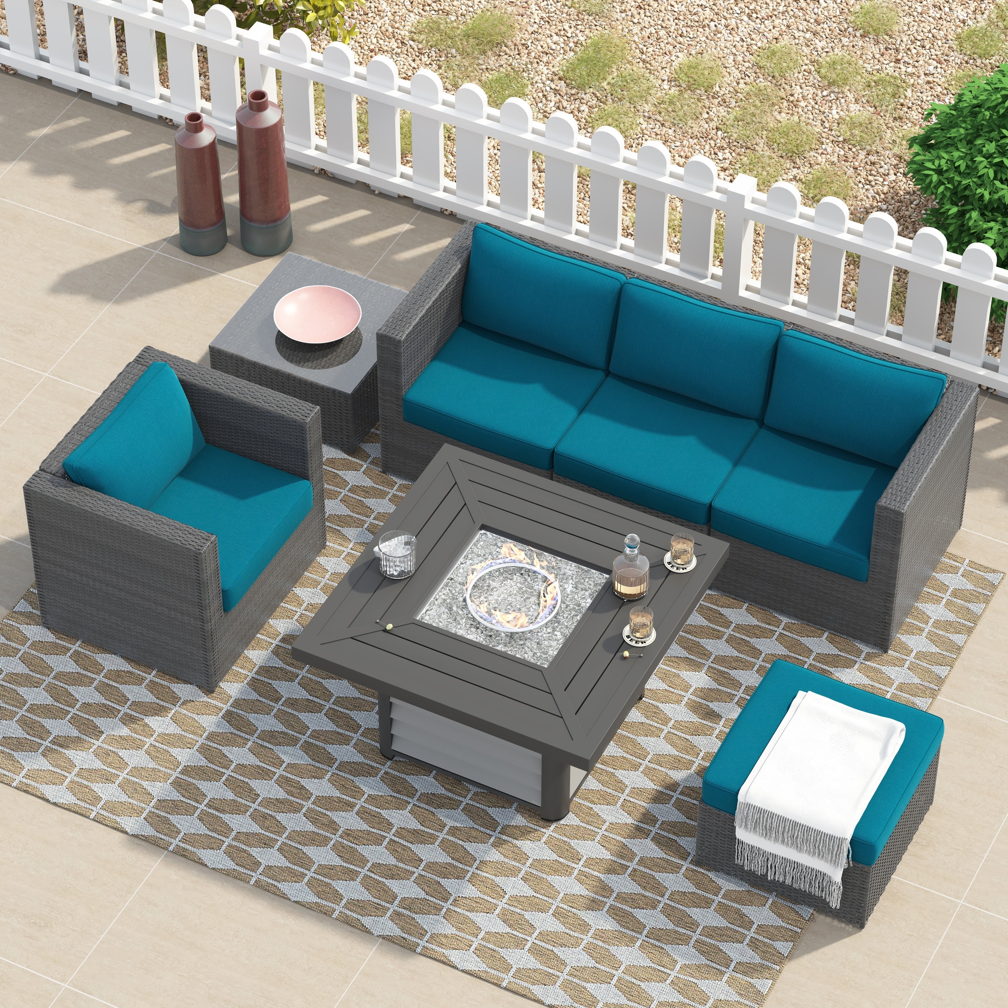 Ensemble de foyer sectionnel de conversation Corvus Kipling en résine tressée, 7 pièces