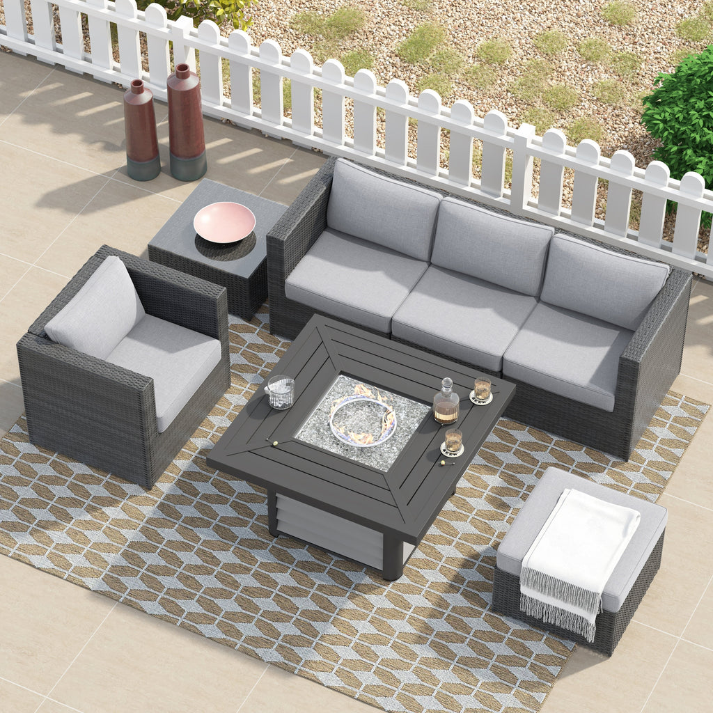 Ensemble de foyer sectionnel de conversation Corvus Kipling en résine tressée, 7 pièces