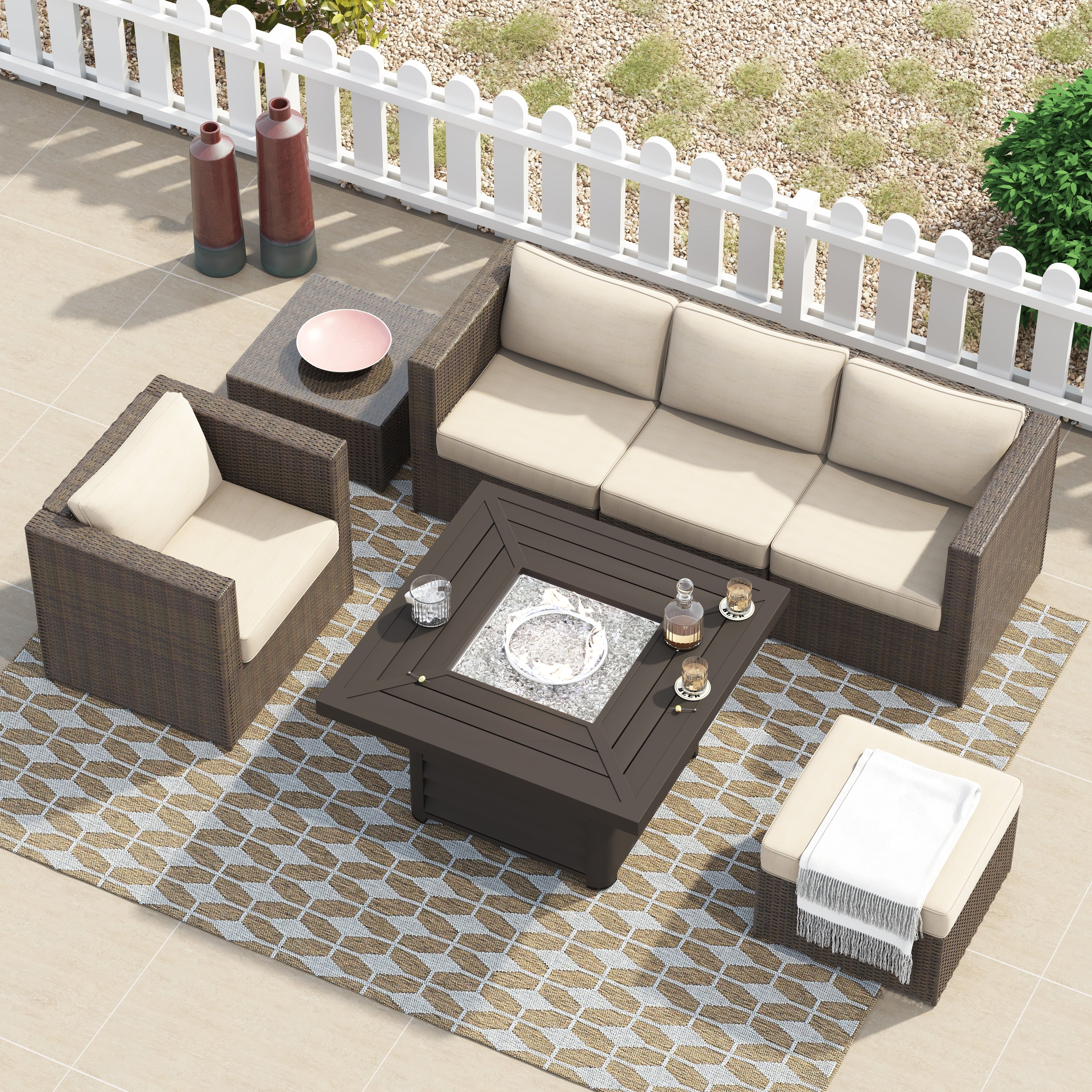 Ensemble de foyer sectionnel de conversation Corvus Kipling en résine tressée, 7 pièces