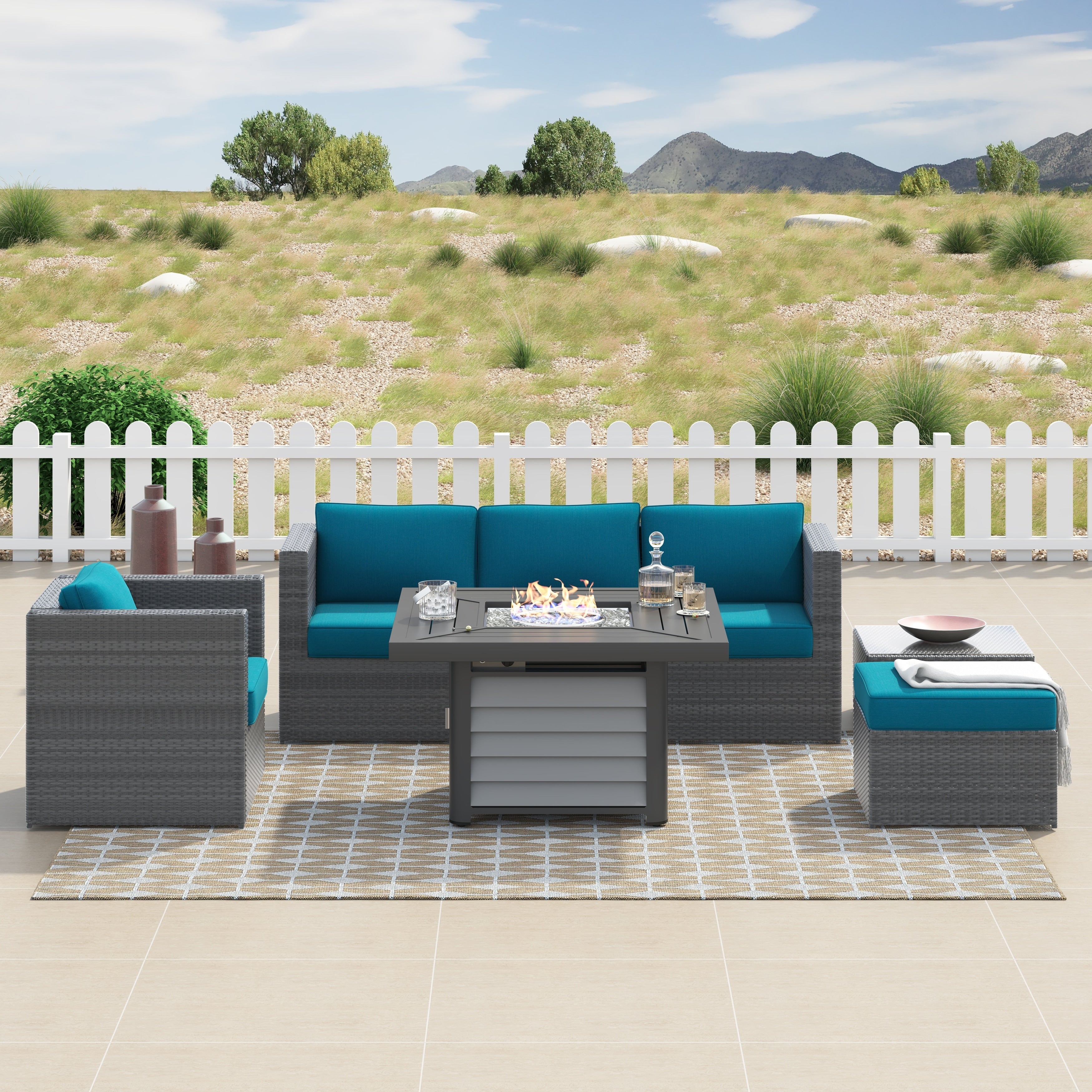 Ensemble de foyer sectionnel de conversation Corvus Kipling en résine tressée, 7 pièces