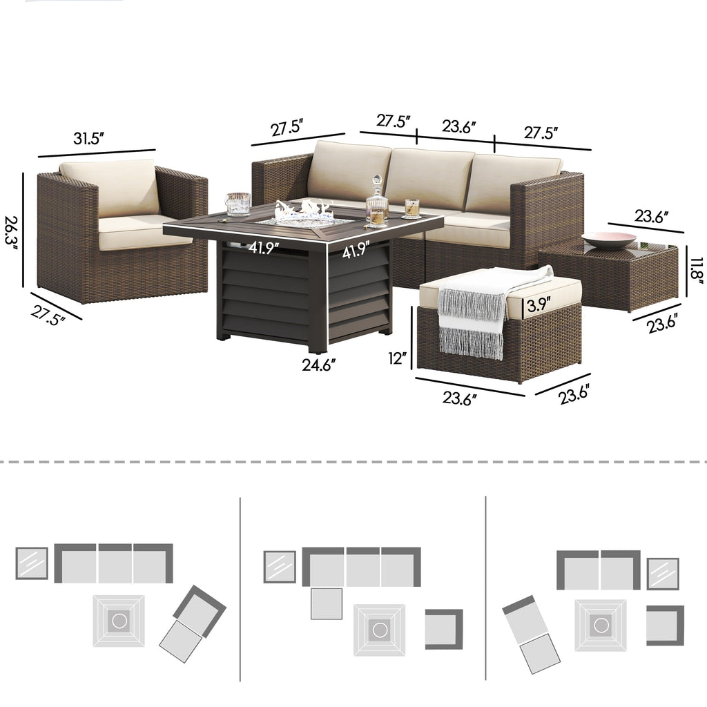 Ensemble de foyer sectionnel de conversation Corvus Kipling en résine tressée, 7 pièces