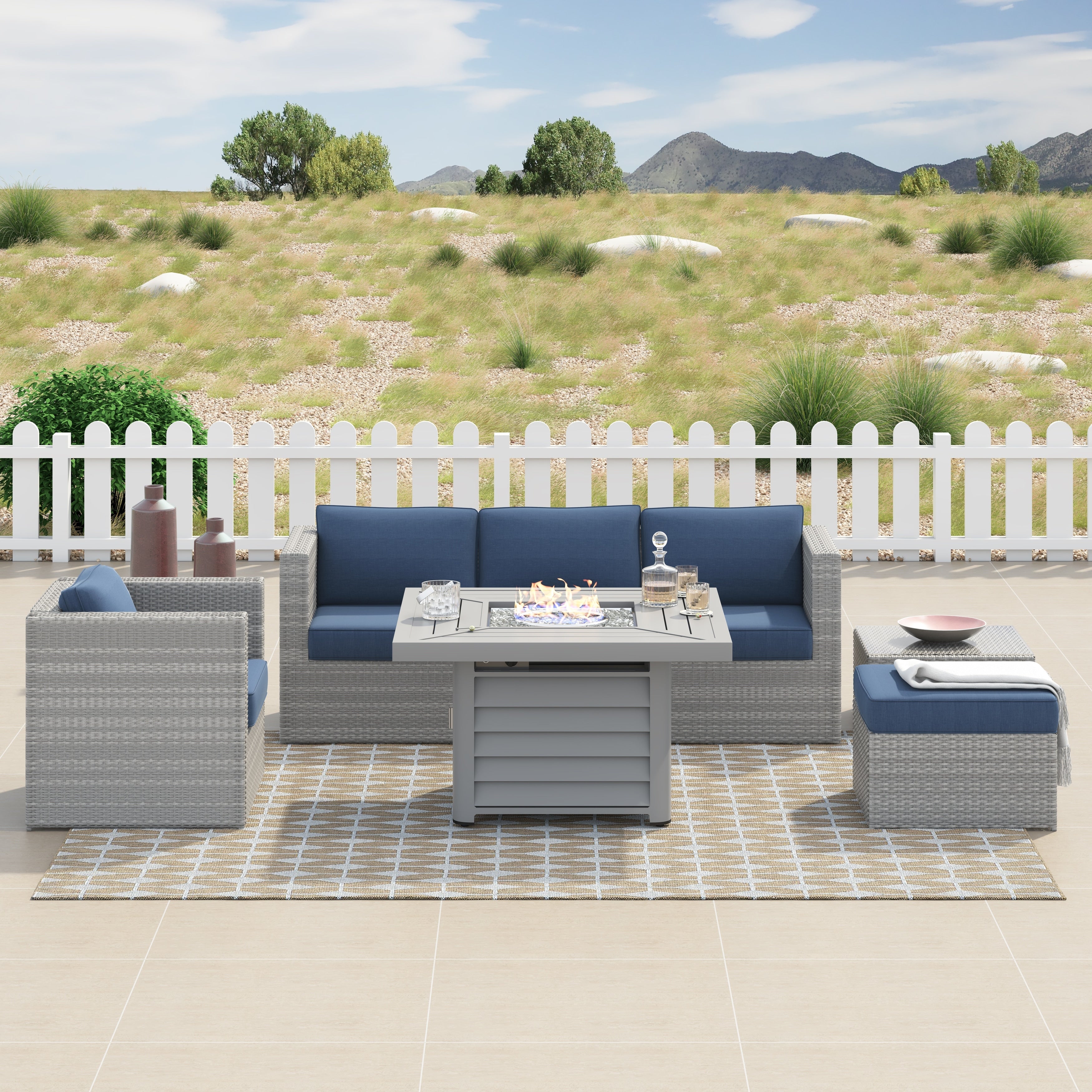 Ensemble de foyer sectionnel de conversation Corvus Kipling en résine tressée, 7 pièces