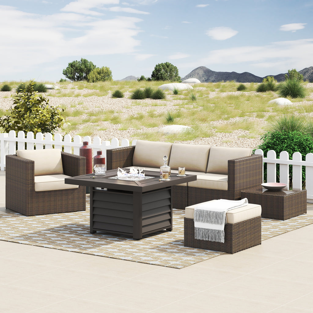 Ensemble de foyer sectionnel de conversation Corvus Kipling en résine tressée, 7 pièces