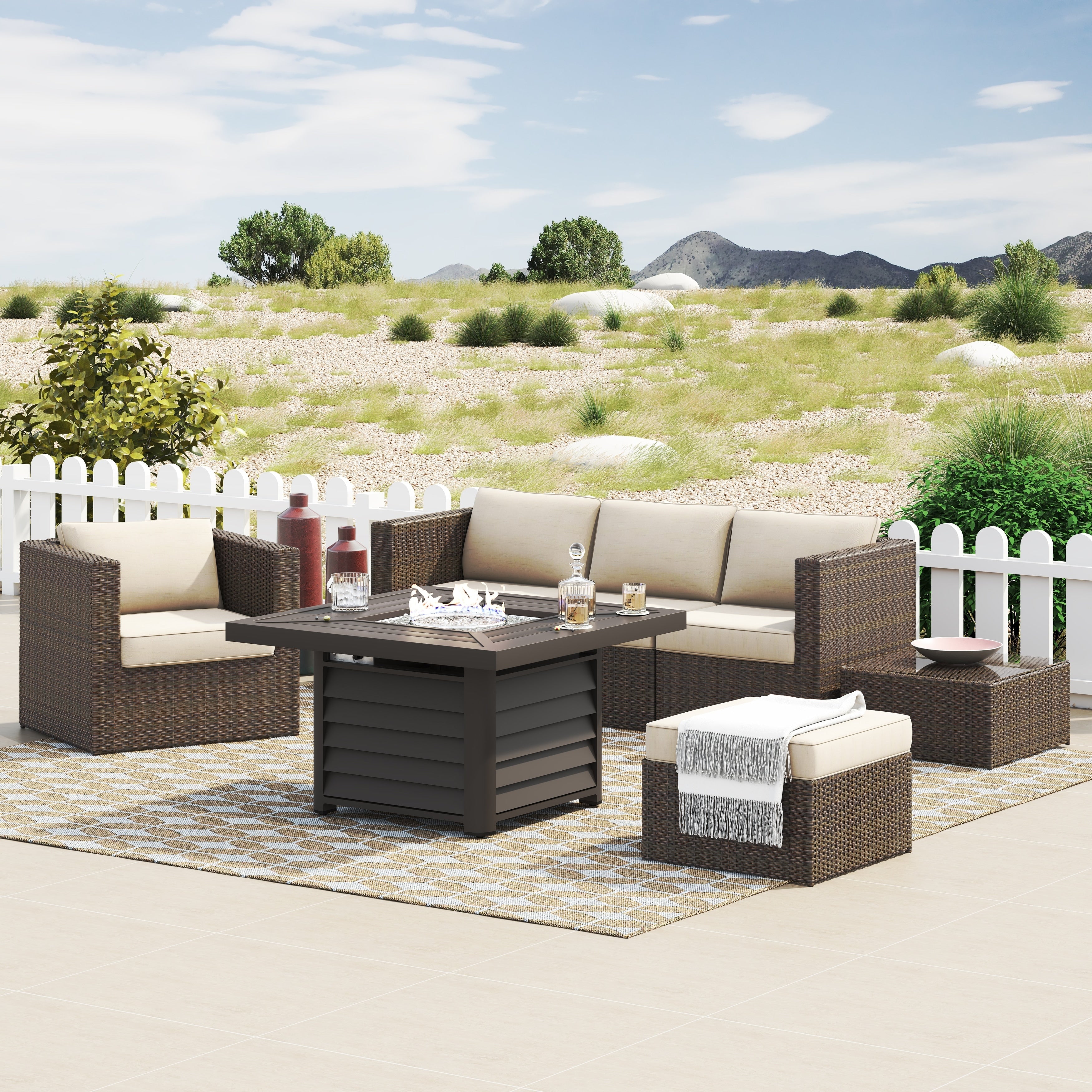 Ensemble de foyer sectionnel de conversation Corvus Kipling en résine tressée, 7 pièces