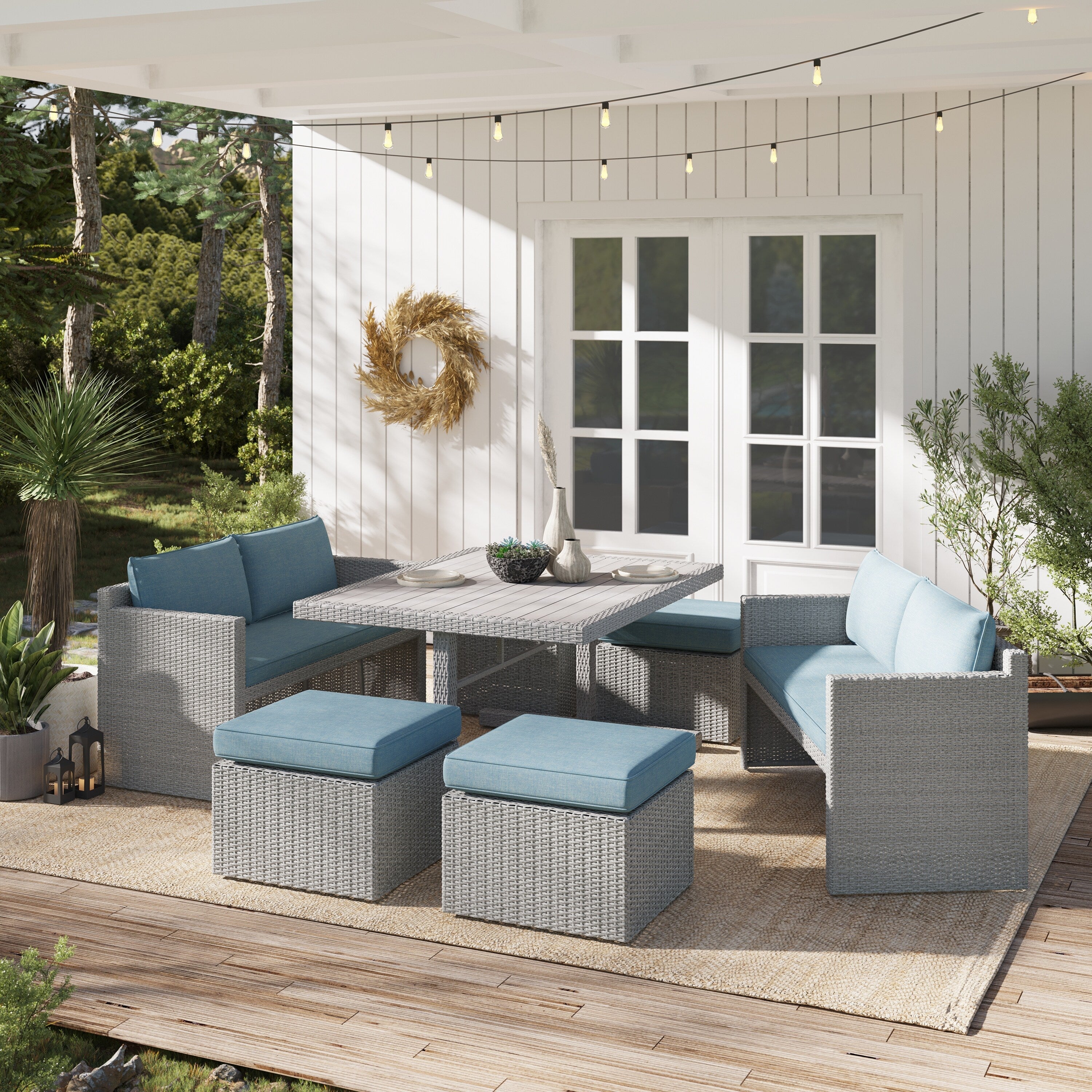 Ensemble de salle à manger d'extérieur Corvus Martinka en aluminium et osier, 7 pièces