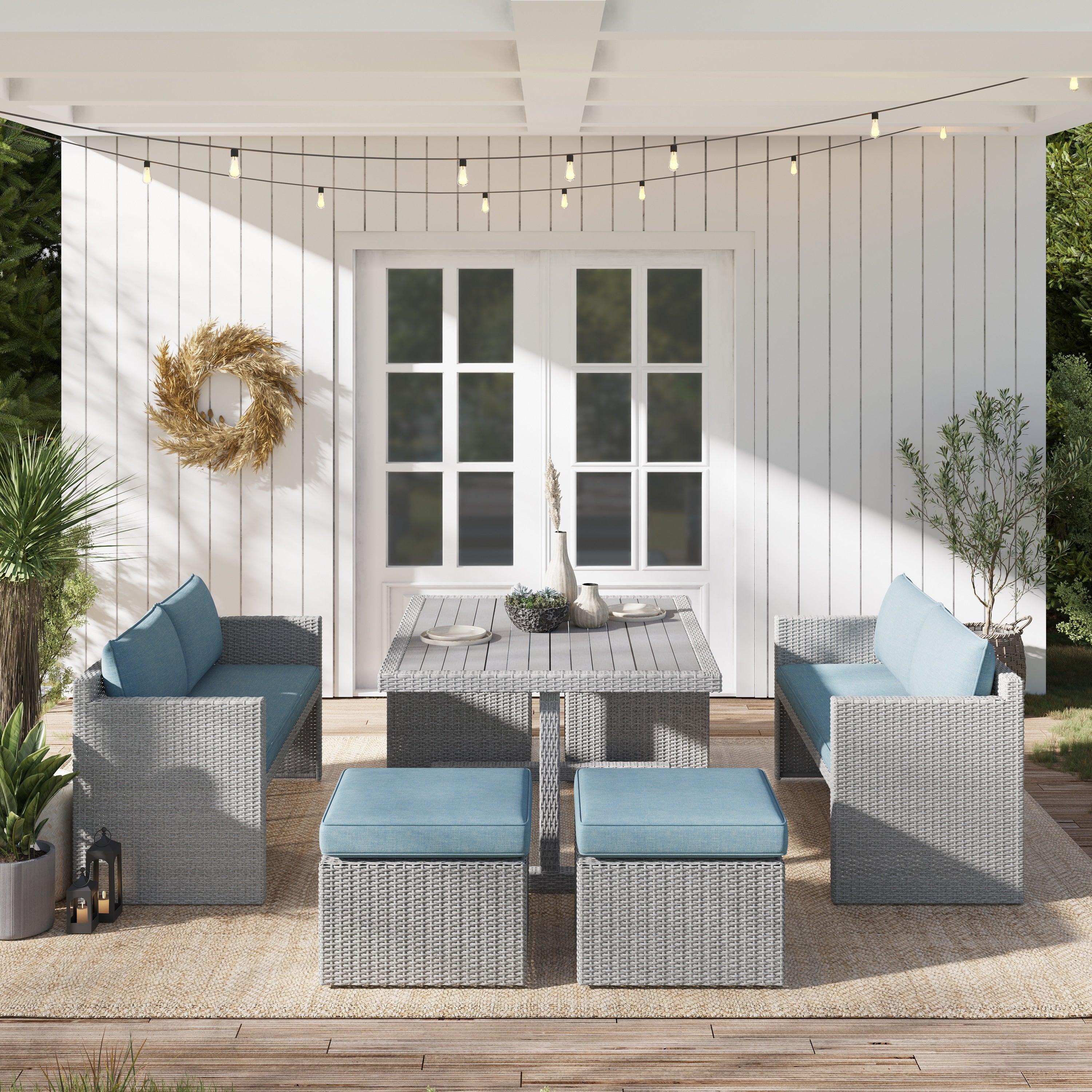 Ensemble de salle à manger d'extérieur Corvus Martinka en aluminium et osier, 7 pièces