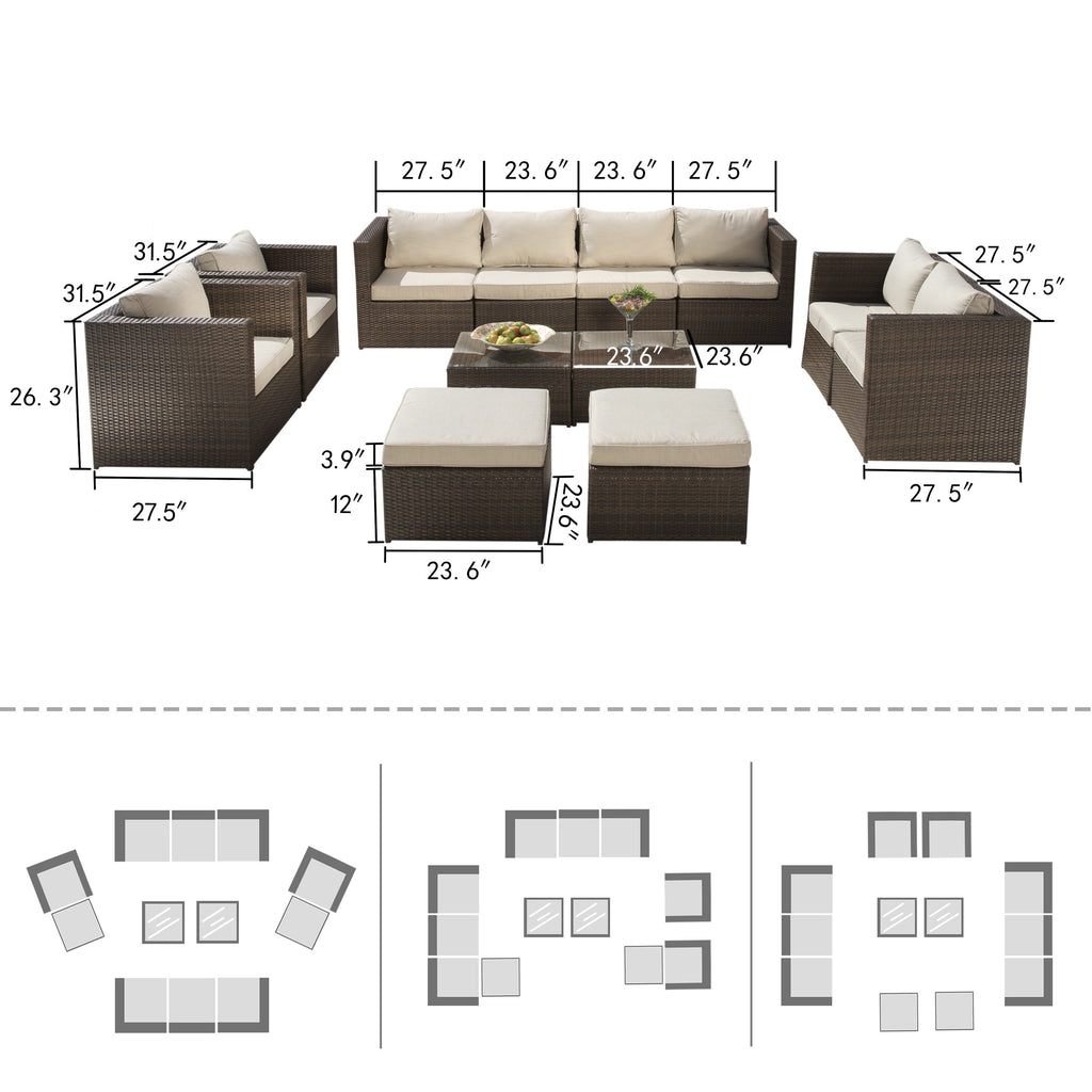 Ensemble de conversation sectionnel de 12 pièces en osier brun Corvus Trey pour meubles de patio