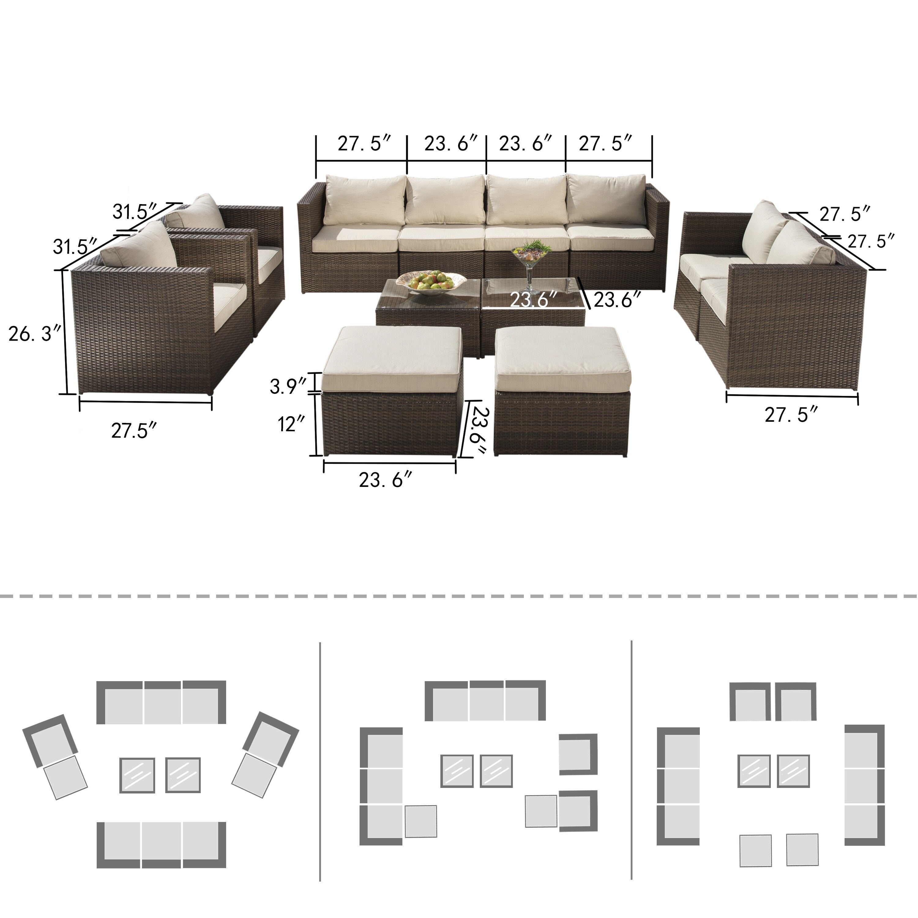 Ensemble de conversation sectionnel de 12 pièces en osier brun Corvus Trey pour meubles de patio