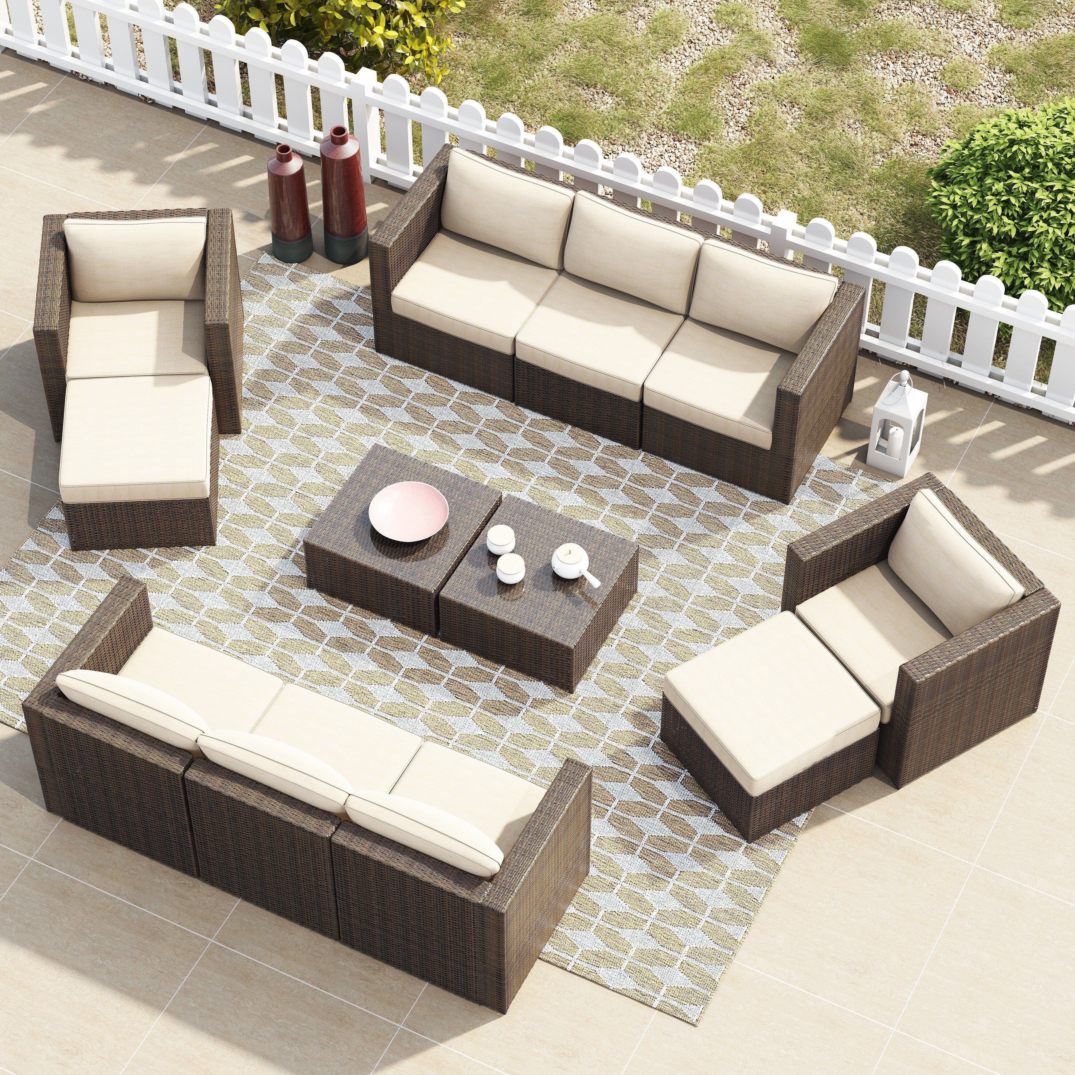 Ensemble de conversation sectionnel de 12 pièces en osier brun Corvus Trey pour meubles de patio