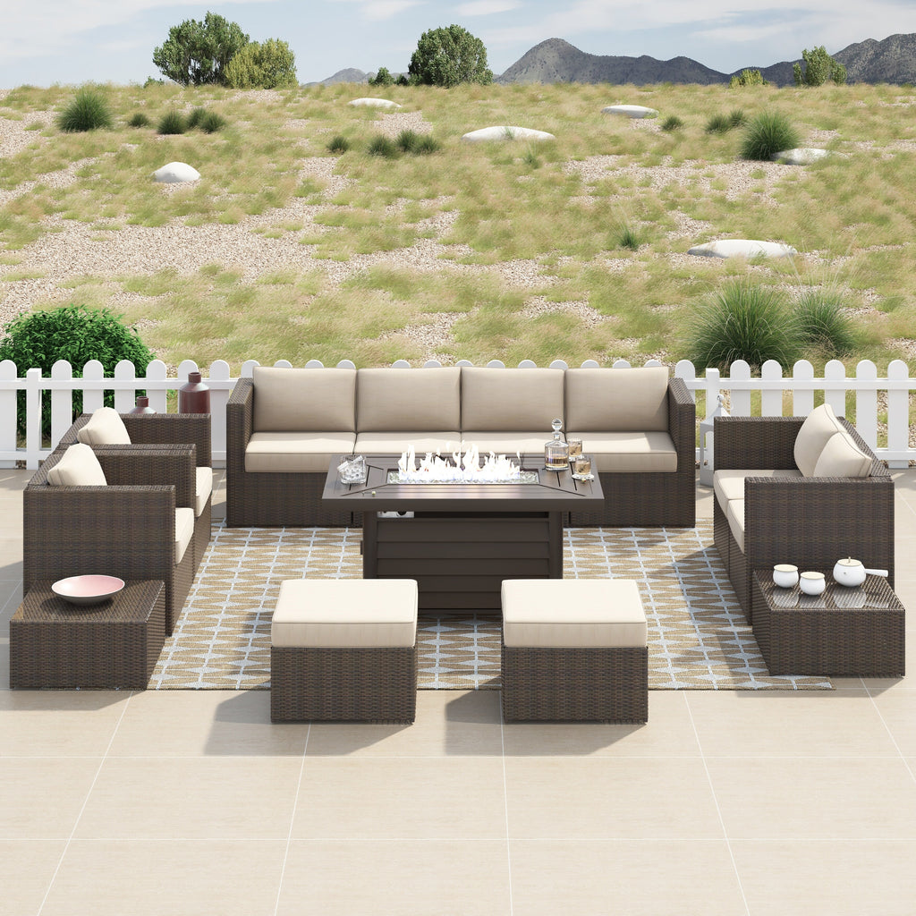 Ensemble de meubles de patio sectionnels Corvus Trey 13 pièces en osier tressé avec table à feu