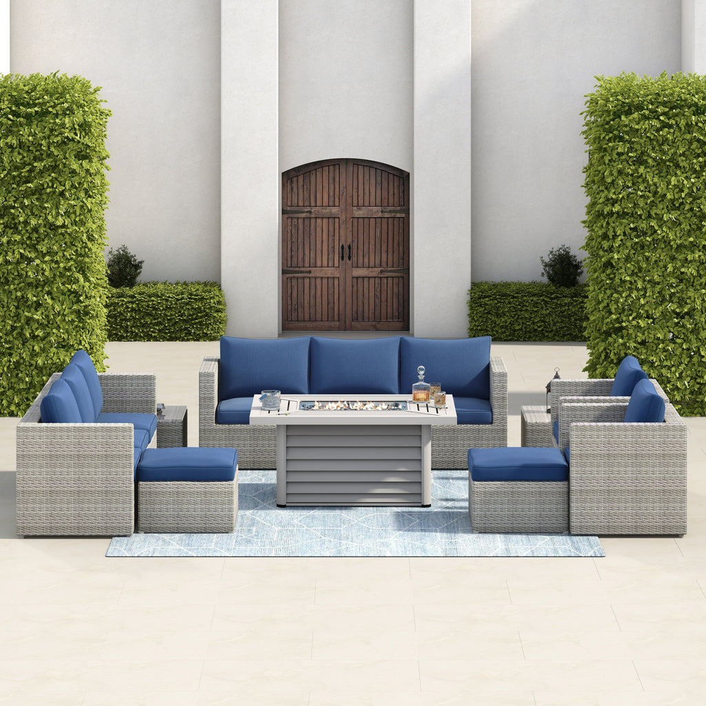 Ensemble de meubles de patio sectionnels Corvus Trey 13 pièces en osier tressé avec table à feu