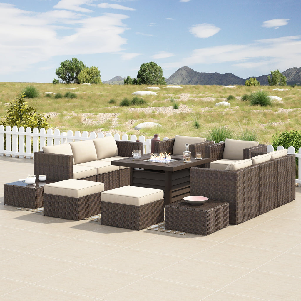 Ensemble de meubles de patio sectionnels Corvus Trey 13 pièces en osier tressé avec table à feu