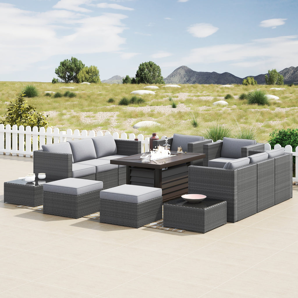 Ensemble de meubles de patio sectionnels Corvus Trey 13 pièces en osier tressé avec table à feu