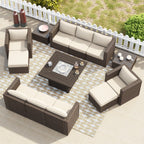 Ensemble de meubles de patio sectionnels Corvus Trey 13 pièces en osier tressé avec table à feu