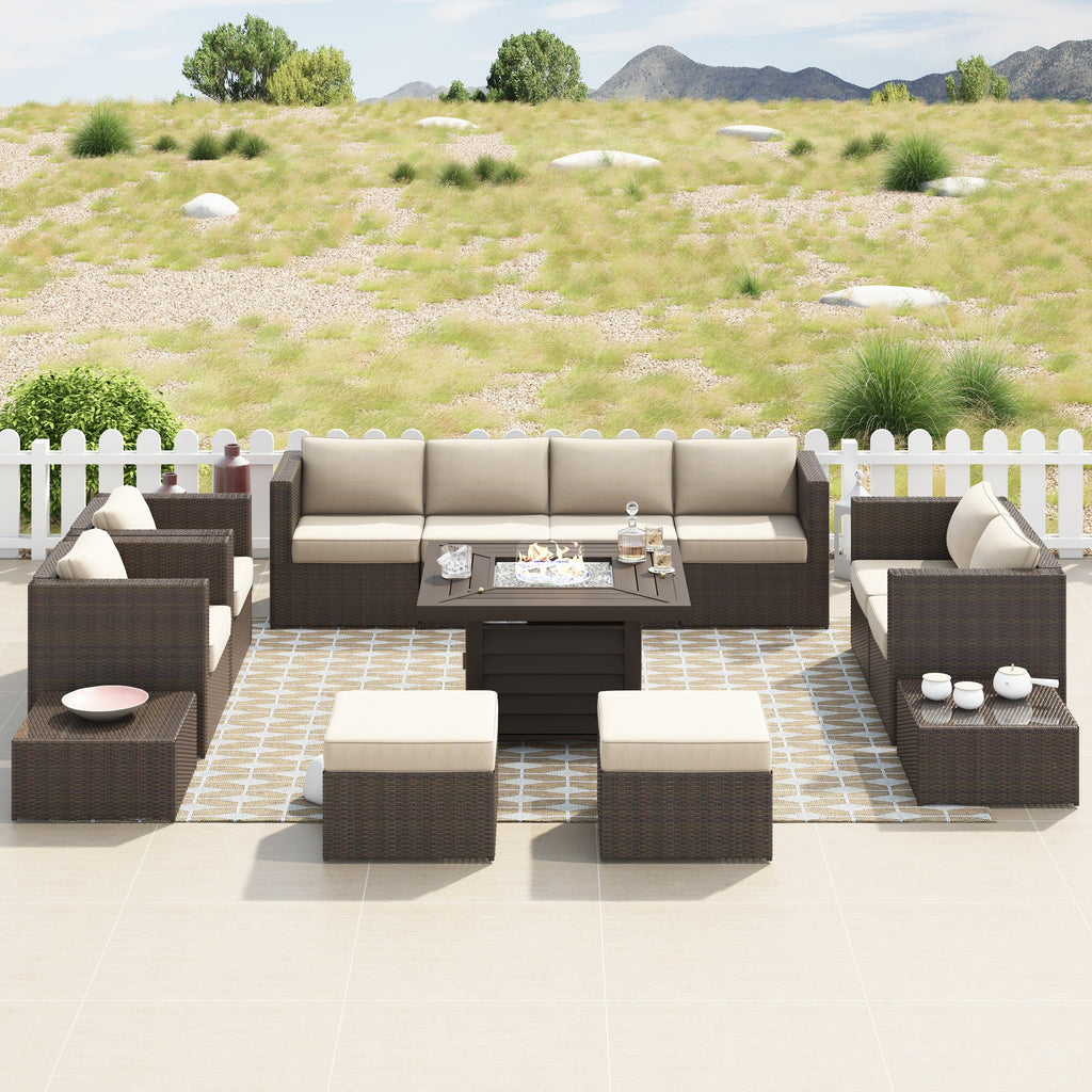 Ensemble de meubles de patio sectionnels Corvus Trey 13 pièces en osier tressé avec table à feu