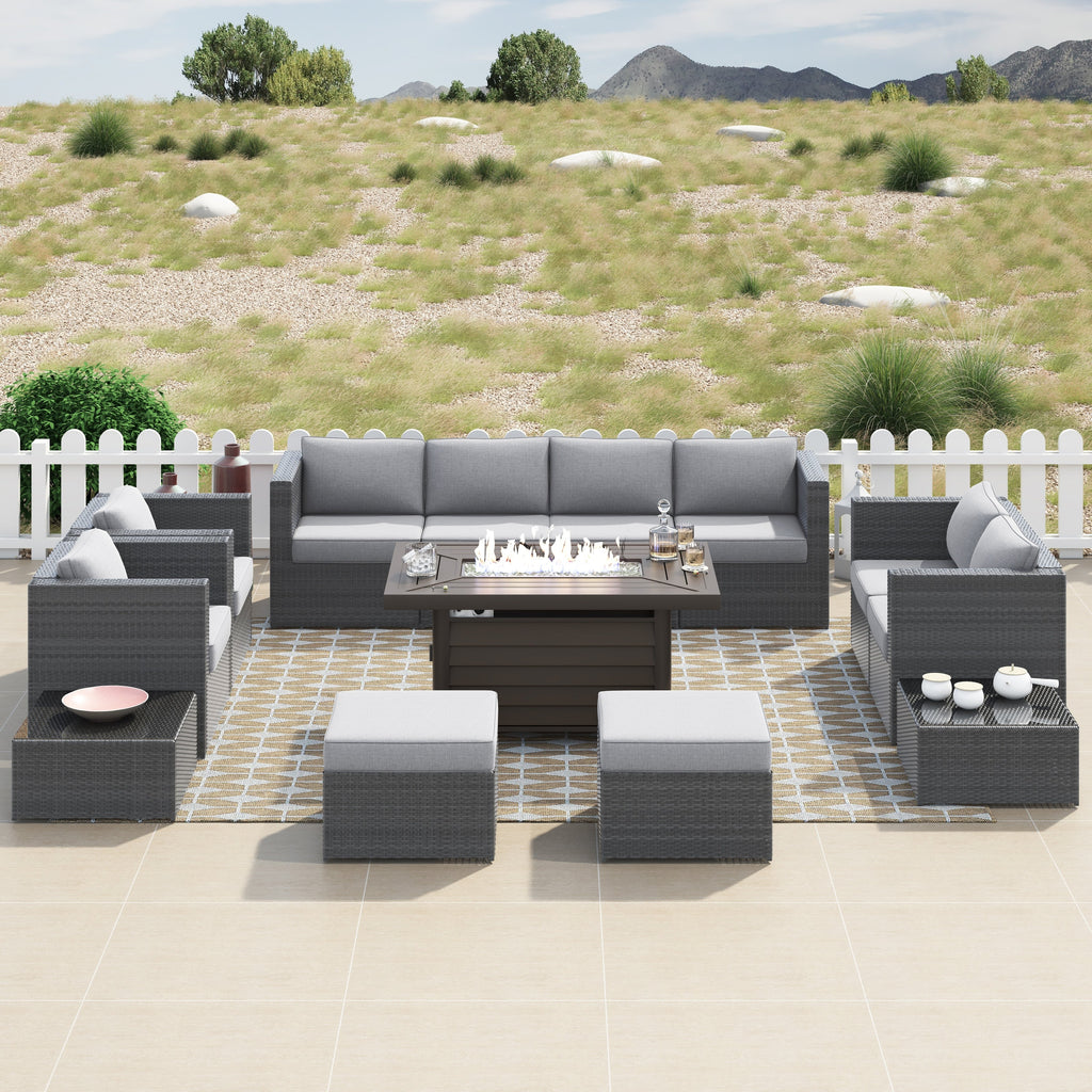 Ensemble de meubles de patio sectionnels Corvus Trey 13 pièces en osier tressé avec table à feu