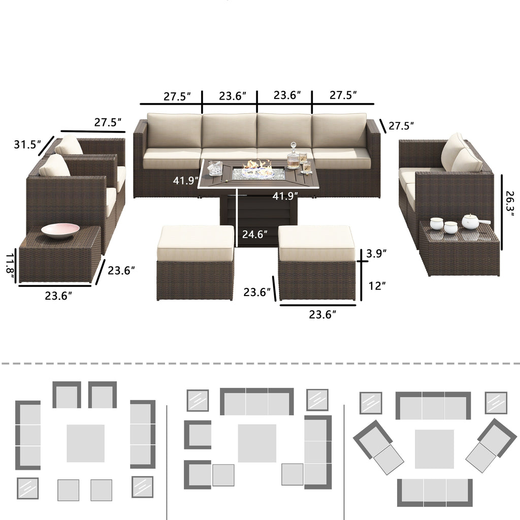 Ensemble de meubles de patio sectionnels Corvus Trey 13 pièces en osier tressé avec table à feu