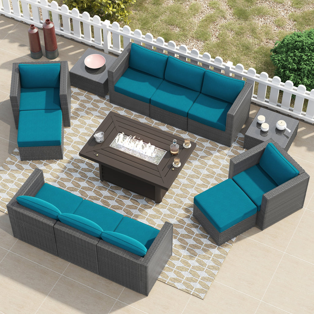 Ensemble de meubles de patio sectionnels Corvus Trey 13 pièces en osier tressé avec table à feu