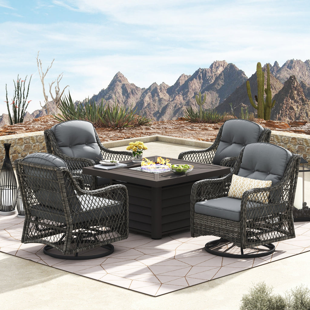 Ensemble de salon de jardin pivotant Corvus Vasconia 5 pièces en résine tressée avec table à feu